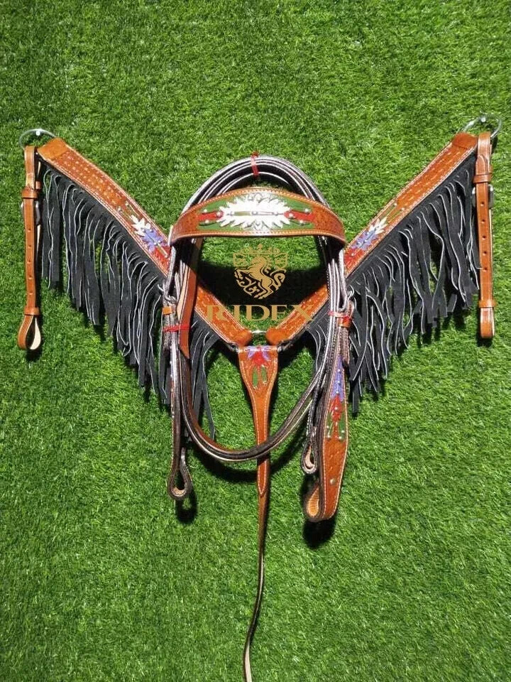 Beautiful Leather Western Headstall & Breast Plate Collar Set All Sizes.