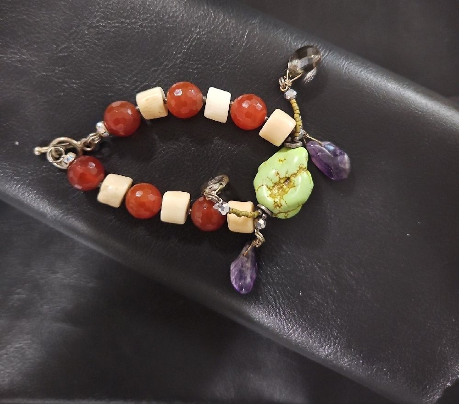 Green Turquoise Amethyst And Crystal Multicolor Beaded Bracelet