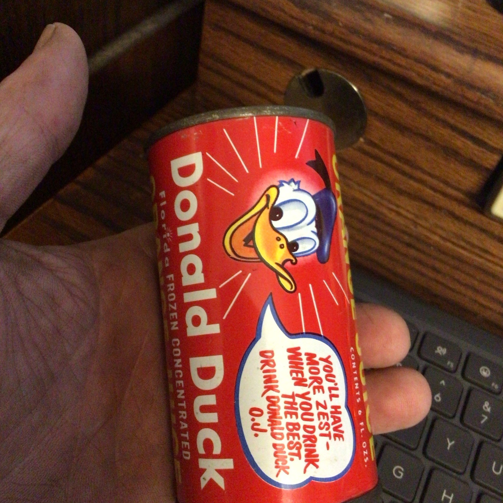 3.75” ORANGE JUICE CAN DONALD DUCK BANK LAKE WALES FLORIDA 1950’s . Disney