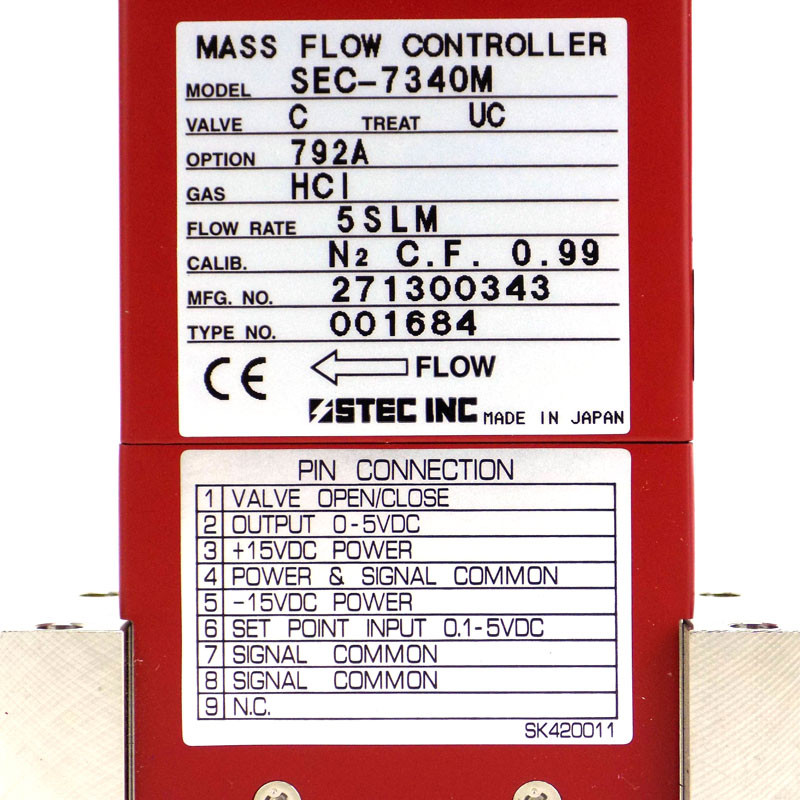 Stec SEC-7340M Mass Flow Controller MFC with option 792A, 5 SLM, HCl Gas