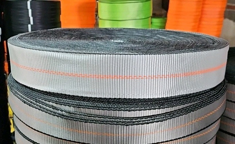 300' Roll of 3" Silver w/ Orange Center Stitching, Black Edging Tie Down Webbing
