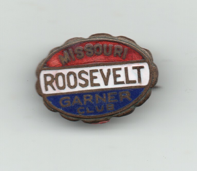 Vintage Red White & Blue Enameled Pinback " Missouri Garner Club Roosevelt "