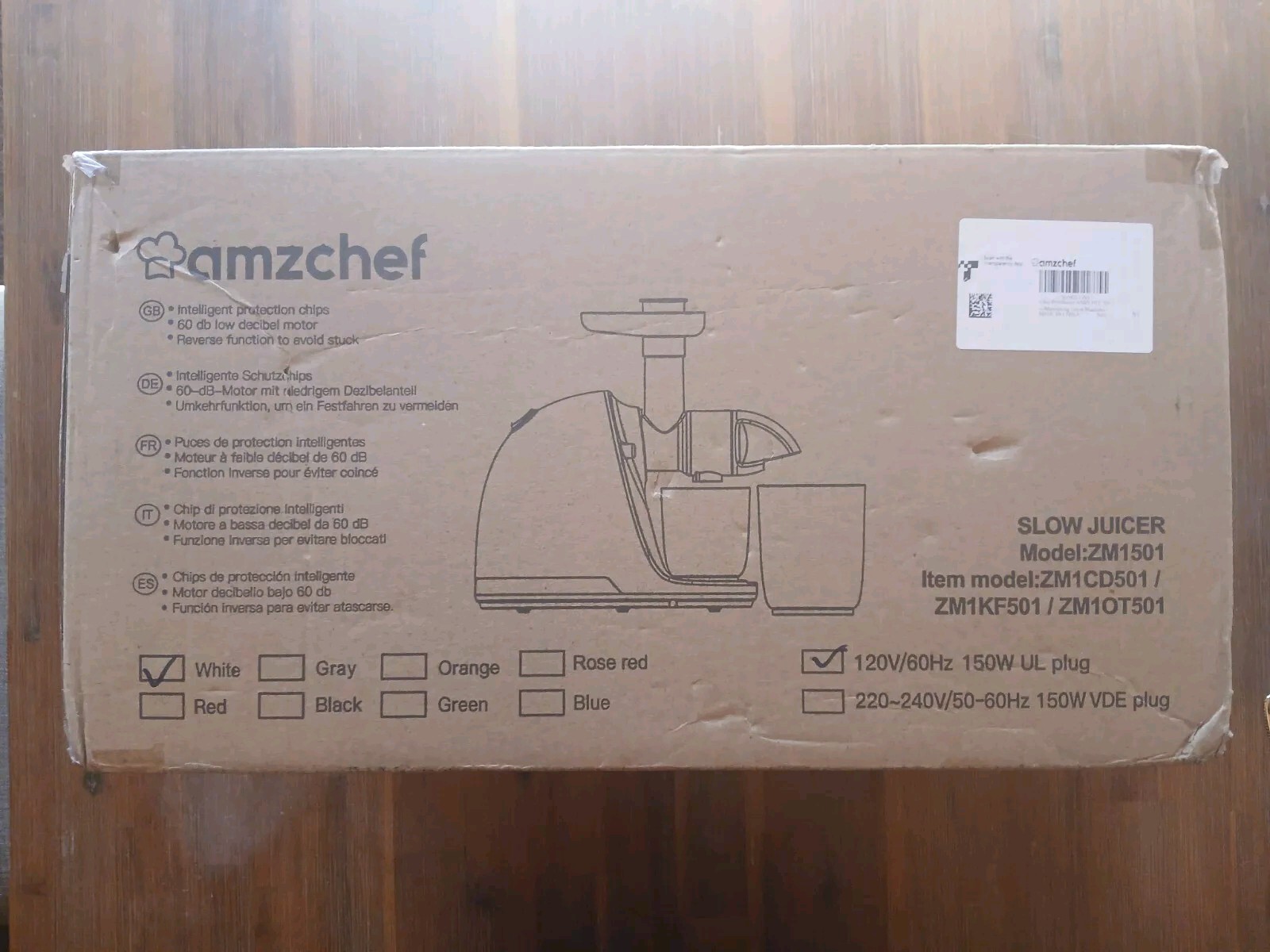 Amzchef ZM1501 White 120V 150 Watts Cold Press Masticating Slow Juicer