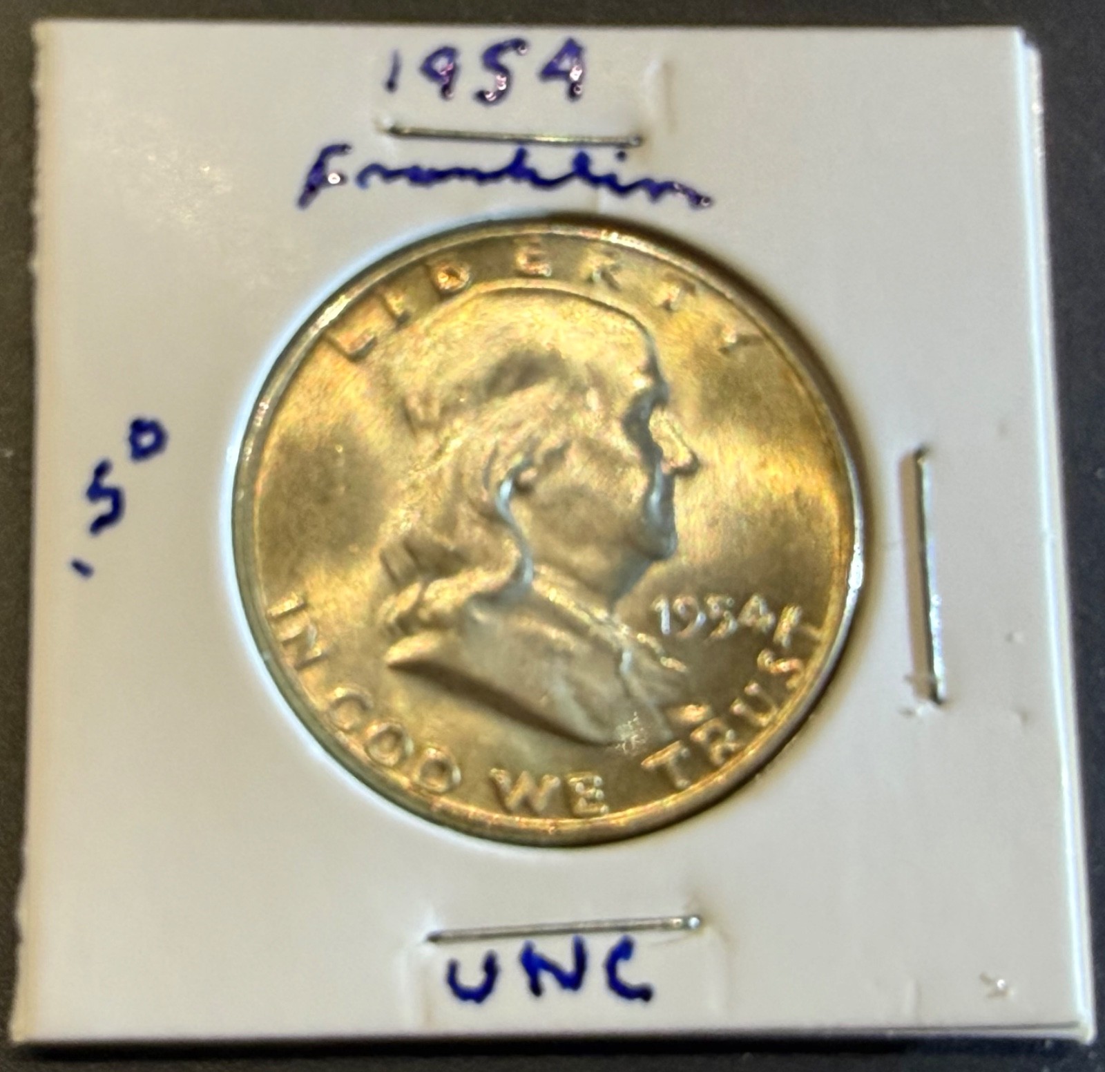 1954-D  Franklin Silver Half Dollar BU & Nice Rim Toning