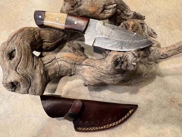 Large Damascus knife w/nice wood & bone handle & leather sheath hand made