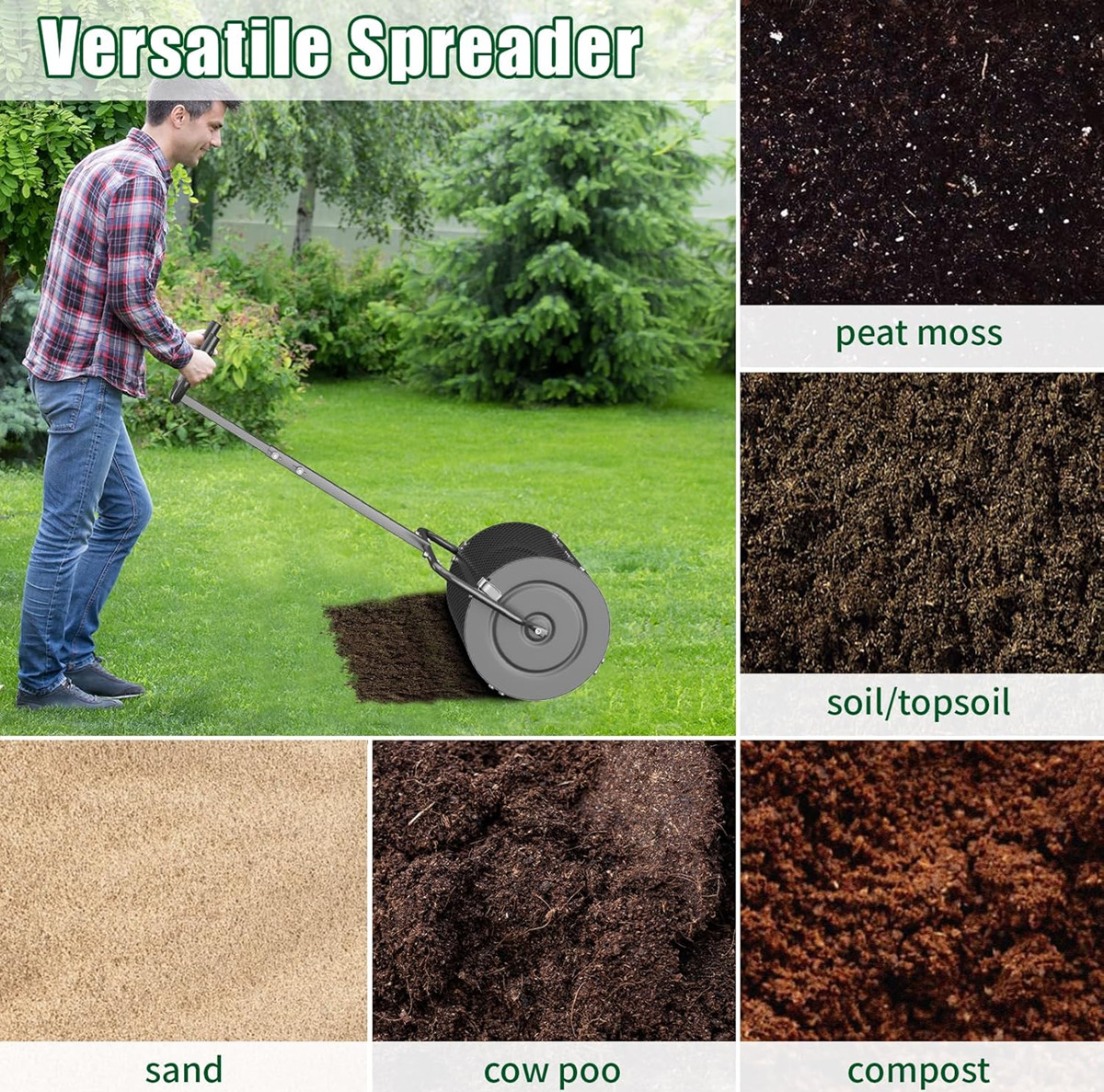 Peat Moss Spreader for Lawn garden w/ U Shaped Handle Steel Mesh Spreader Manure