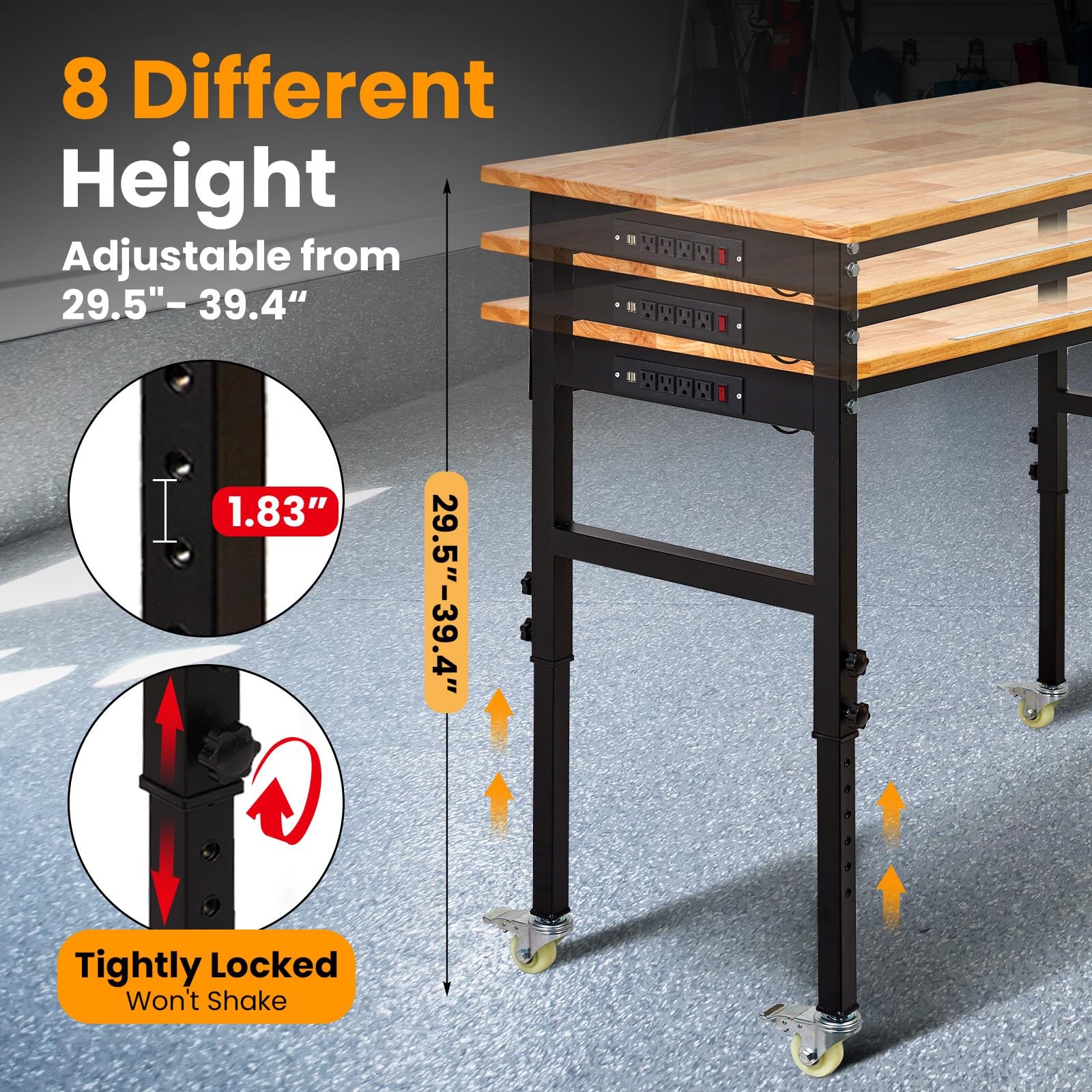 70" Adjustable Workbench Garage Work Table w/ Power Outlet, Wheels & Pegboard