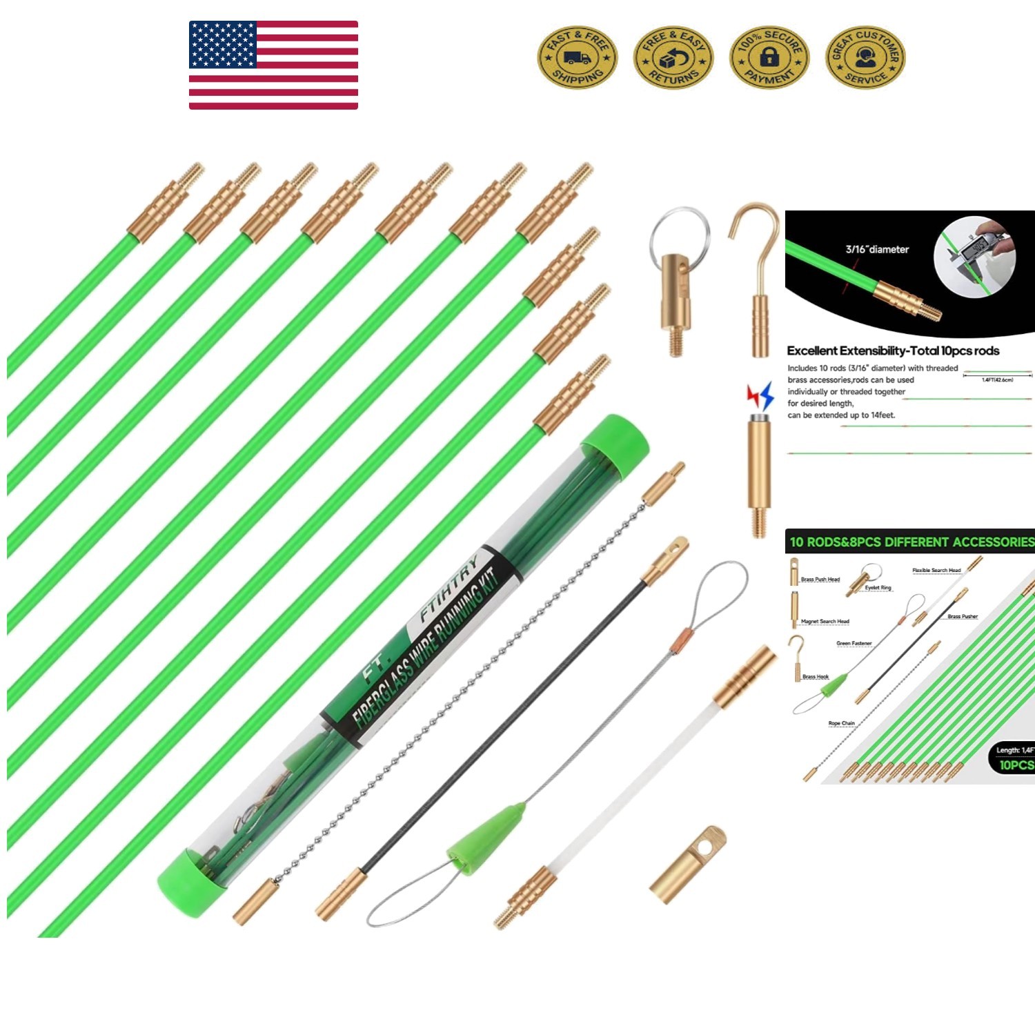 14FT Fiberglass Electrical Fish Rods Set - Ideal for Efficient Wire Installation
