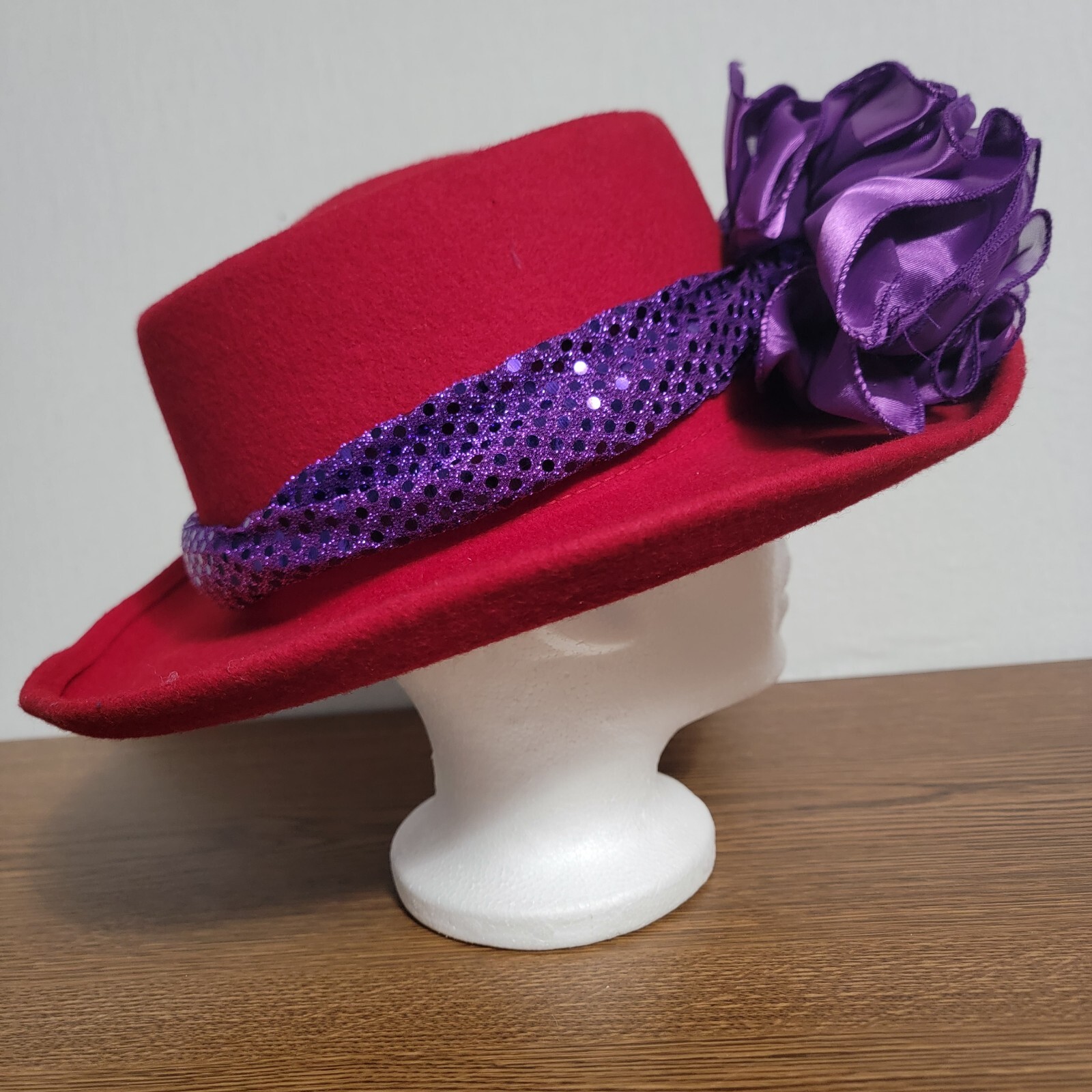 Something Special Red Society Hat 100% Wool redPurple flower/Band Derby vtg