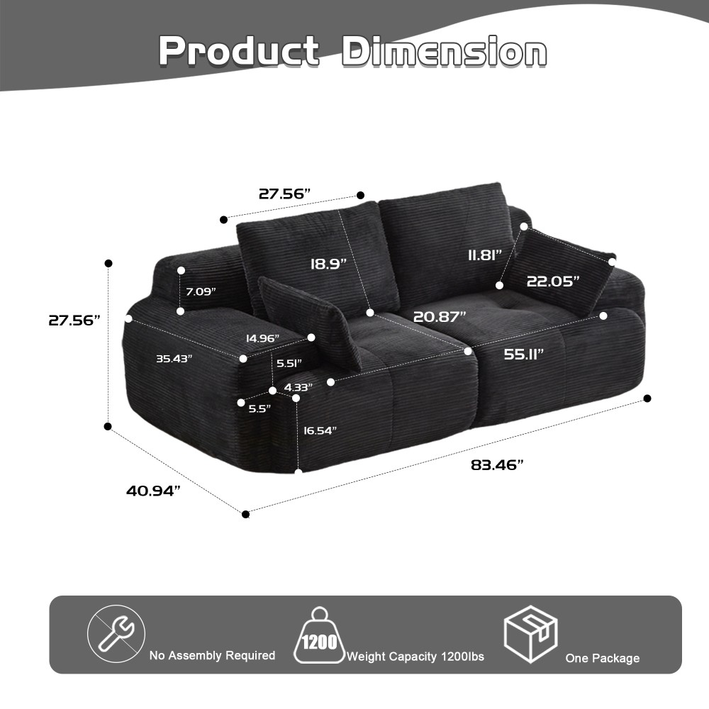 Cloud Modular Sectional Sofa 2-Seater Memory Foam Pet-Friendly Corduroy No Assm