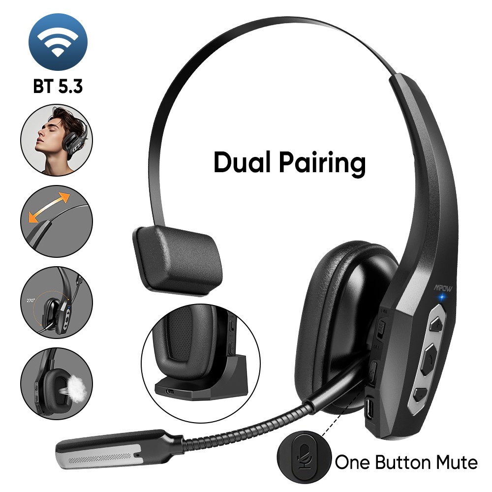 MPOW Trucker Bluetooth 5.3 Headset with Noise Cancelling with charging base