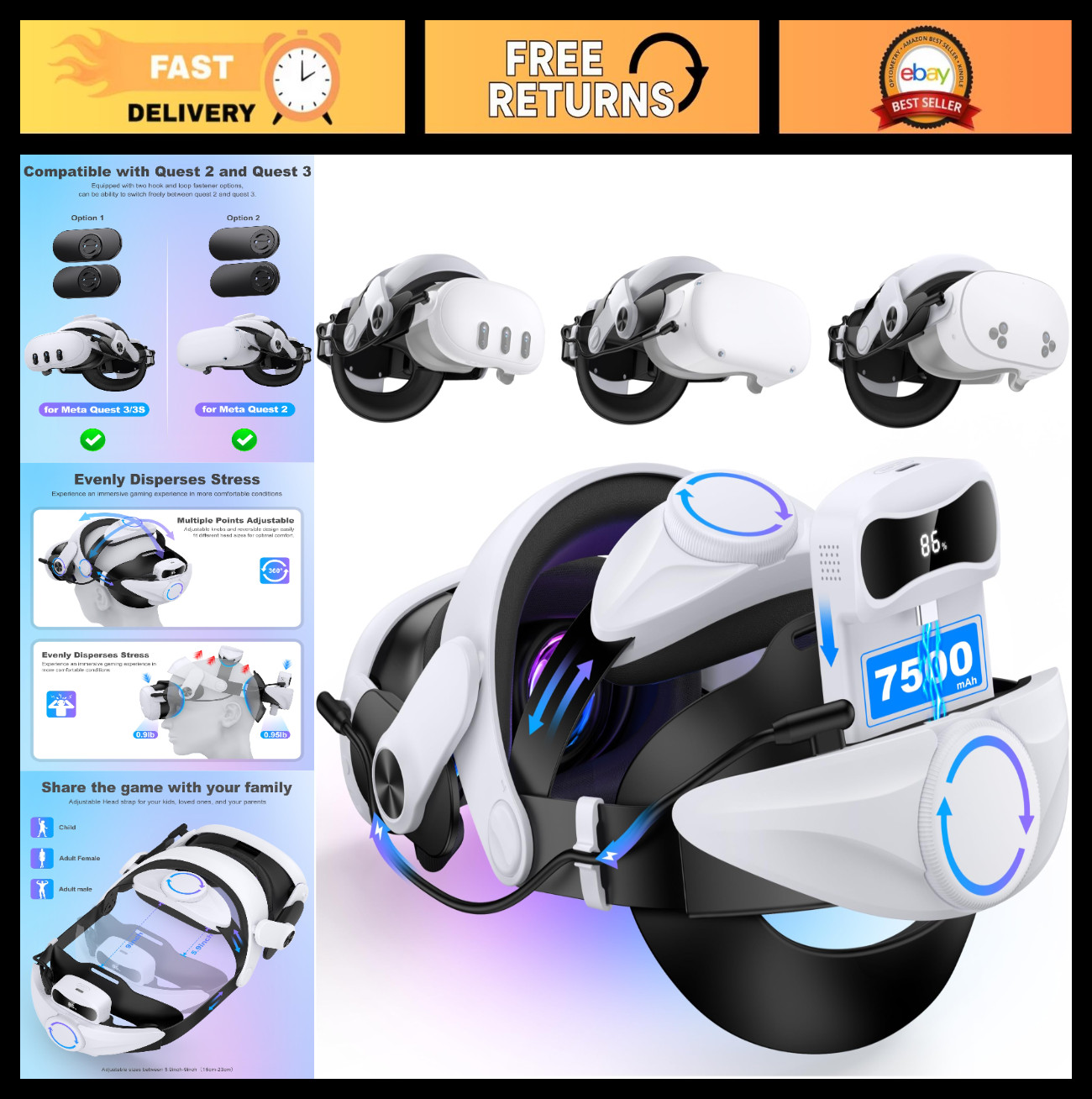 Comfortable VR Head Strap with 7500mAh Battery for Meta Quest 3/2, Adjustable Fi