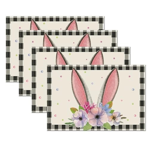 Easter Placemats Set of 4, 12 x 18 Inch Floral Bunny Ears Buffalo Plaid Spring