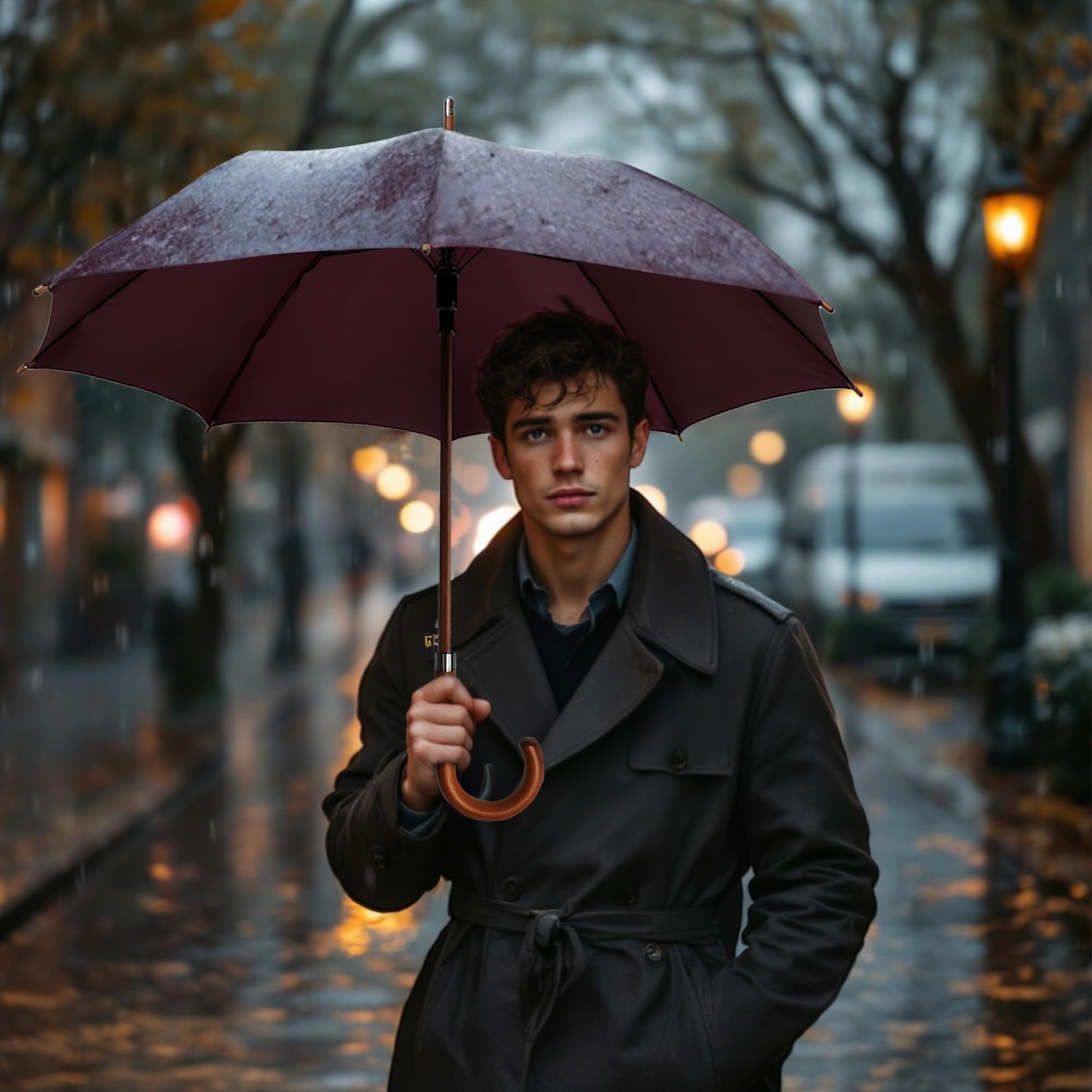 48" Umbrella Windproof Stick Umbrella for Rain, Automatic Open Wooden Handle