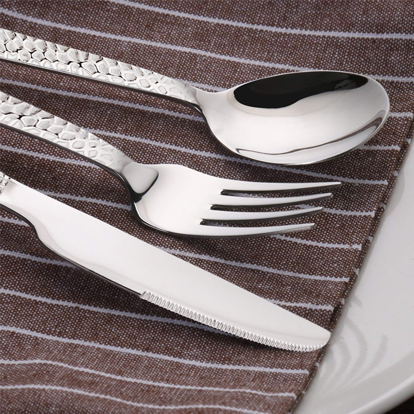 65-Piece Hammered Flatware Serving Set, Stainless Steel Silverware Cutlery Se...