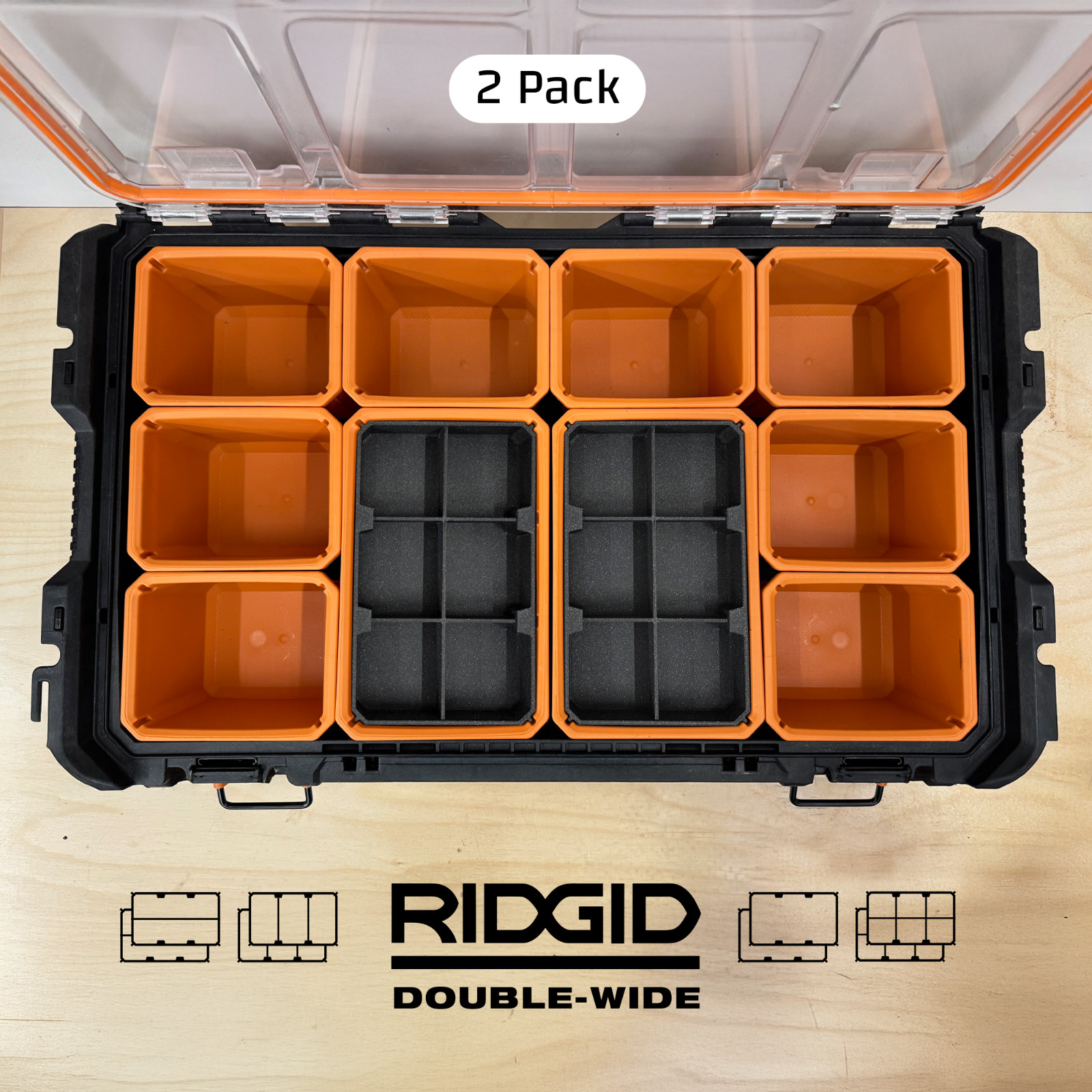Double-Wide Bin - Nesting Insert Bins for Ridgid Pro Gear Organizer 10-Compartme