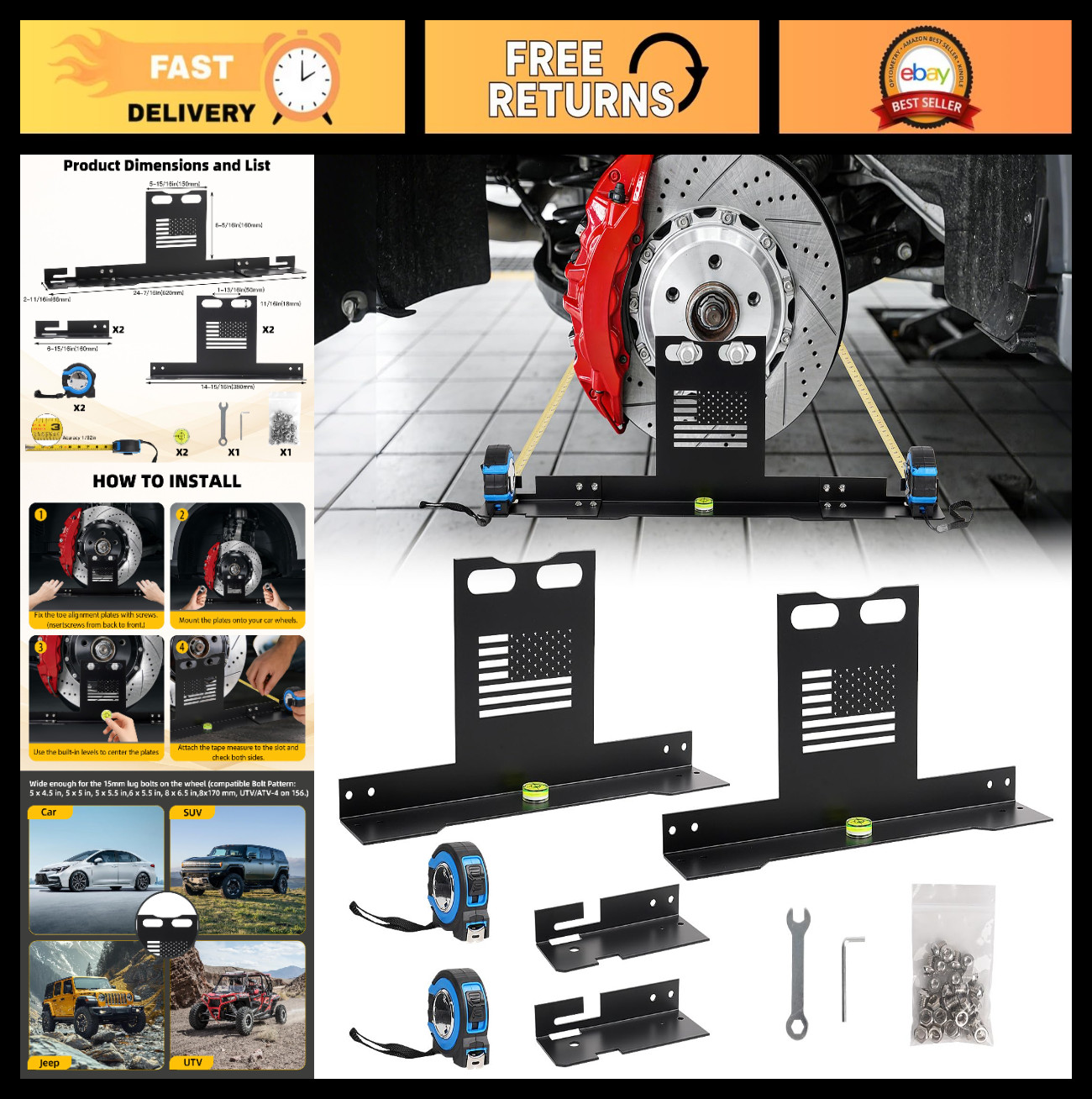 Universal Wheel Alignment Tool Kit - Easy Toe Alignment, No Caliper Removal, 2 T