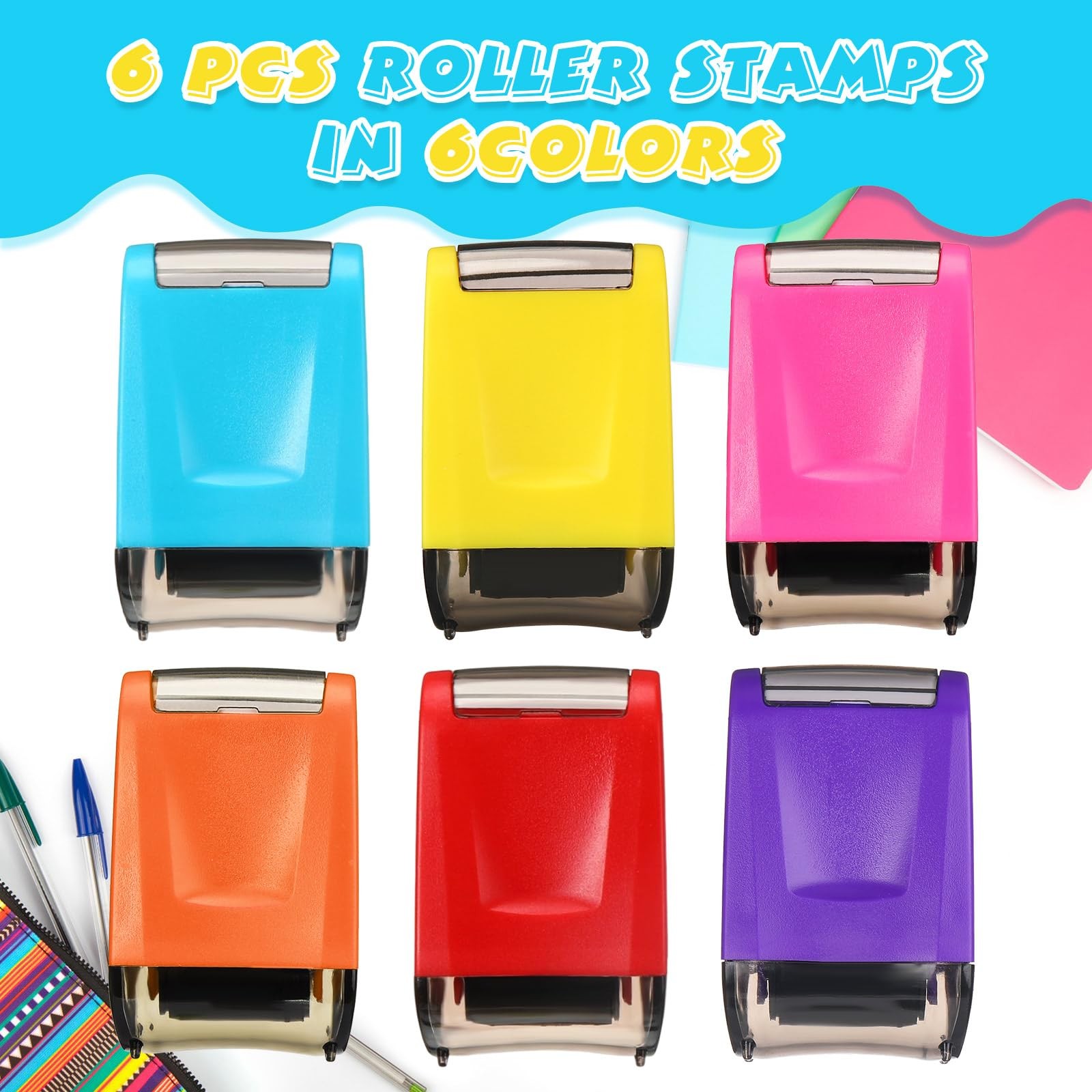 6 PCS Dashed Handwriting Lines Practice Roller Stamp 6 Colors Self Inking Toy