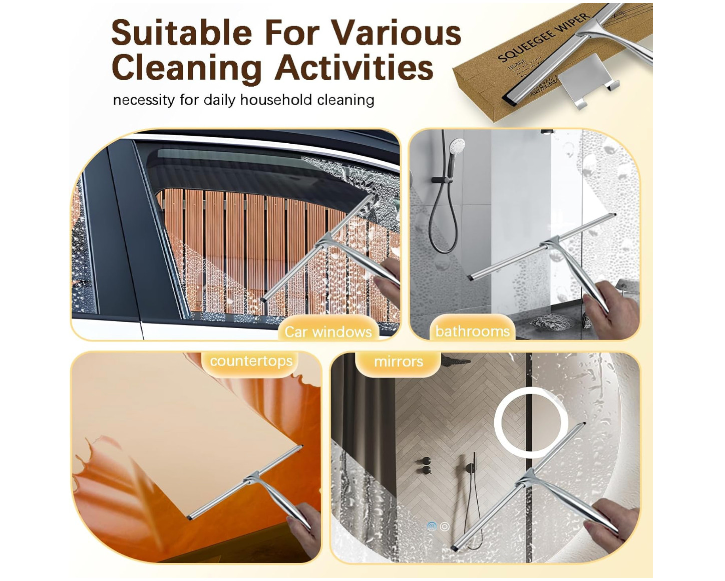 All-Purpose Stainless Steel Shower Squeegee for Glass Doors with Adhesive Hooks