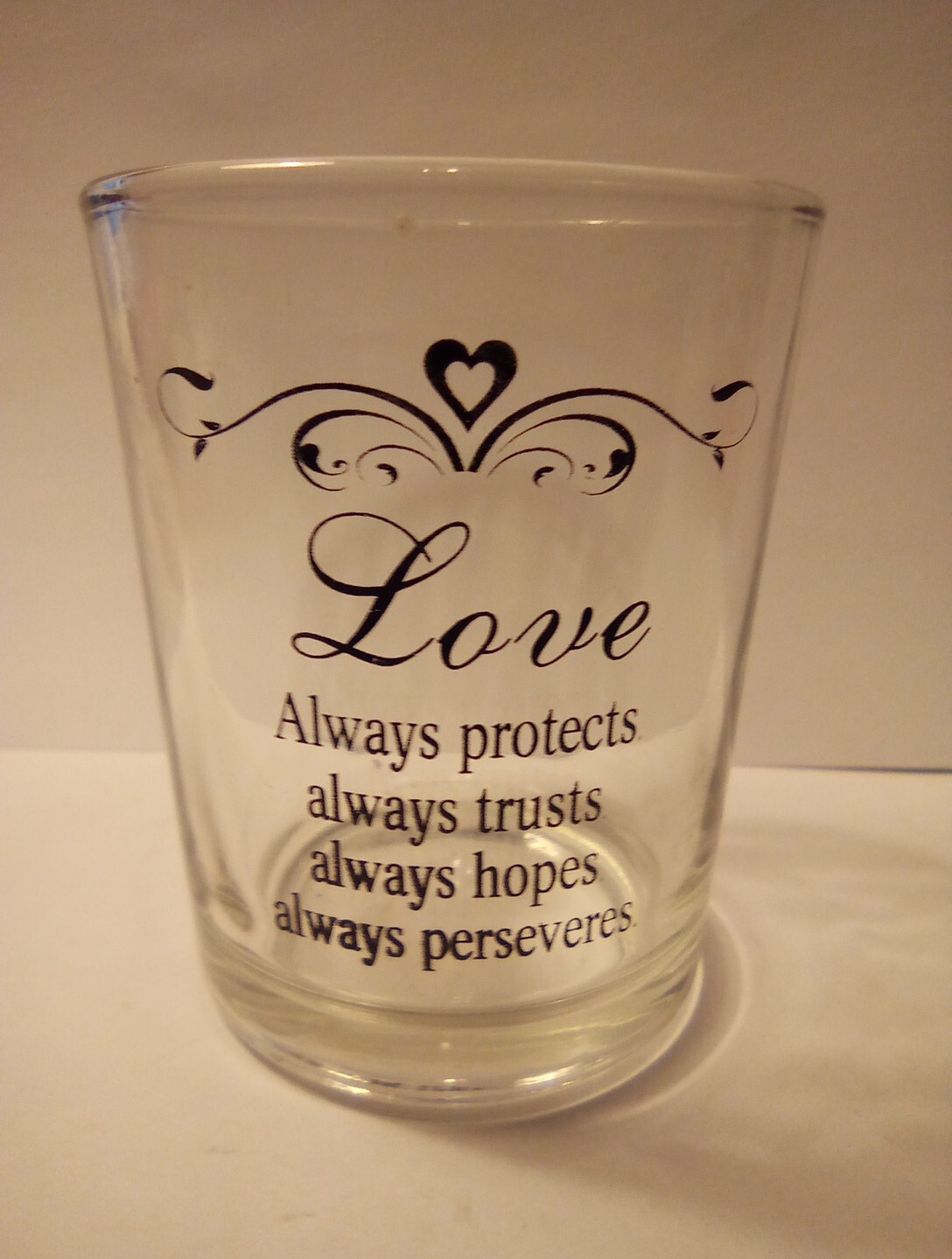 LOVE PROTECTS, TRUST, HOPES, PERSEVERES LOGO SHOT GLASS GREAT FOR COLLECTION!
