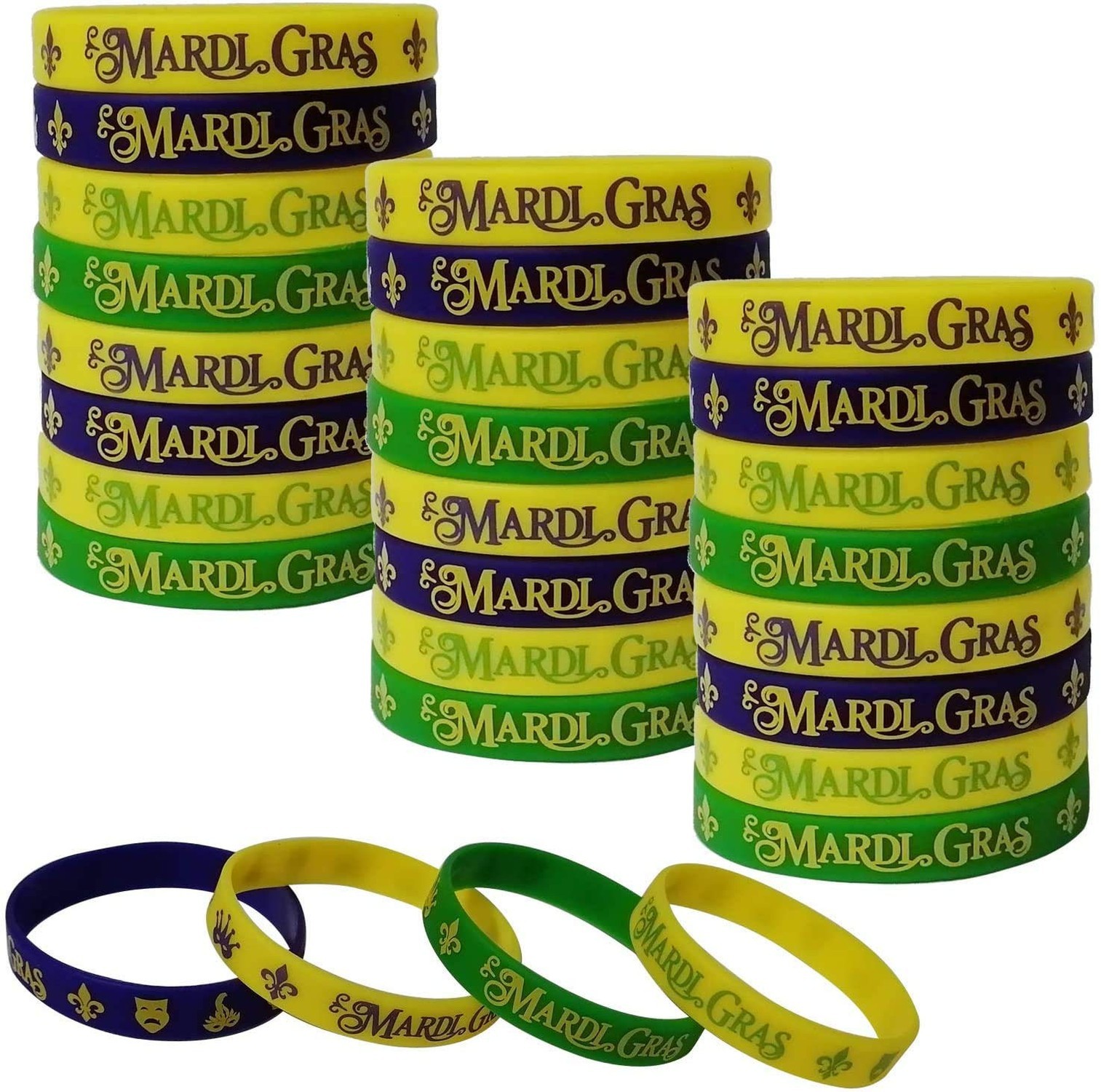48 Pack Mardi Gras Party Favors Rubber Bracelets - Carnival Birthday Party Su...
