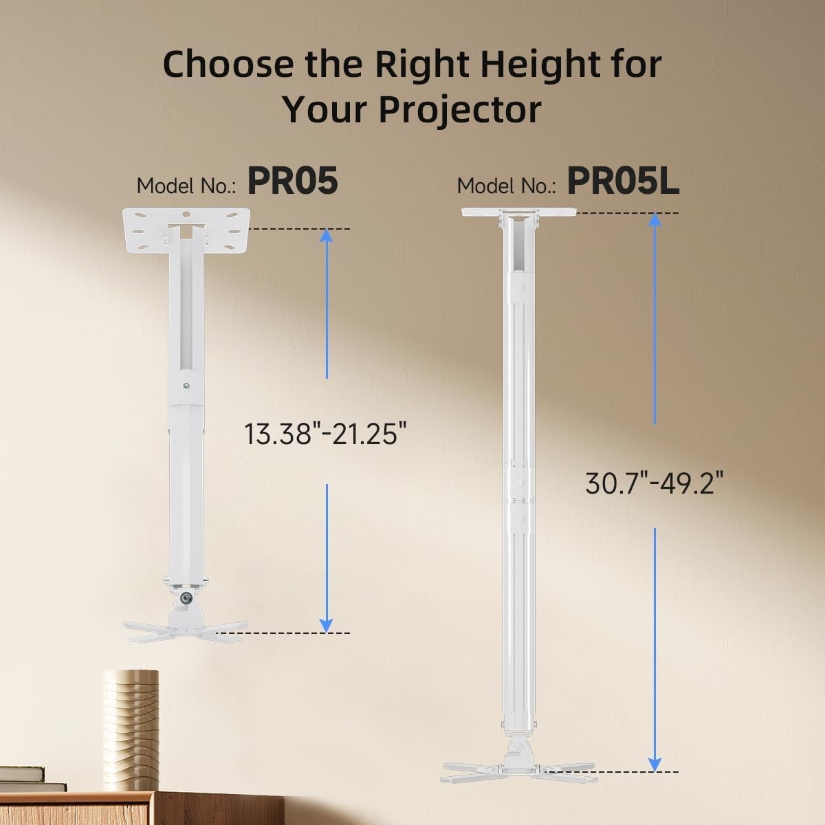 White Projector Ceiling Mount Bracket Fits Flat or Sloped Ceiling Height Adju...