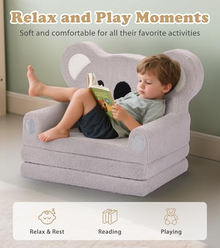 Kids Couch, 2-in-1 Soft Toddler Couch Fold Out with Blanket, Chair Comfy, Koala