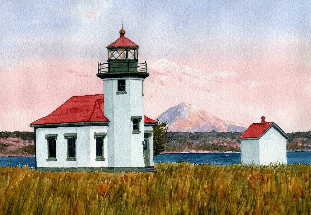 Point Robinson Lighthouse & Mt. Rainier, Washington. Rob Thorpe Notecards