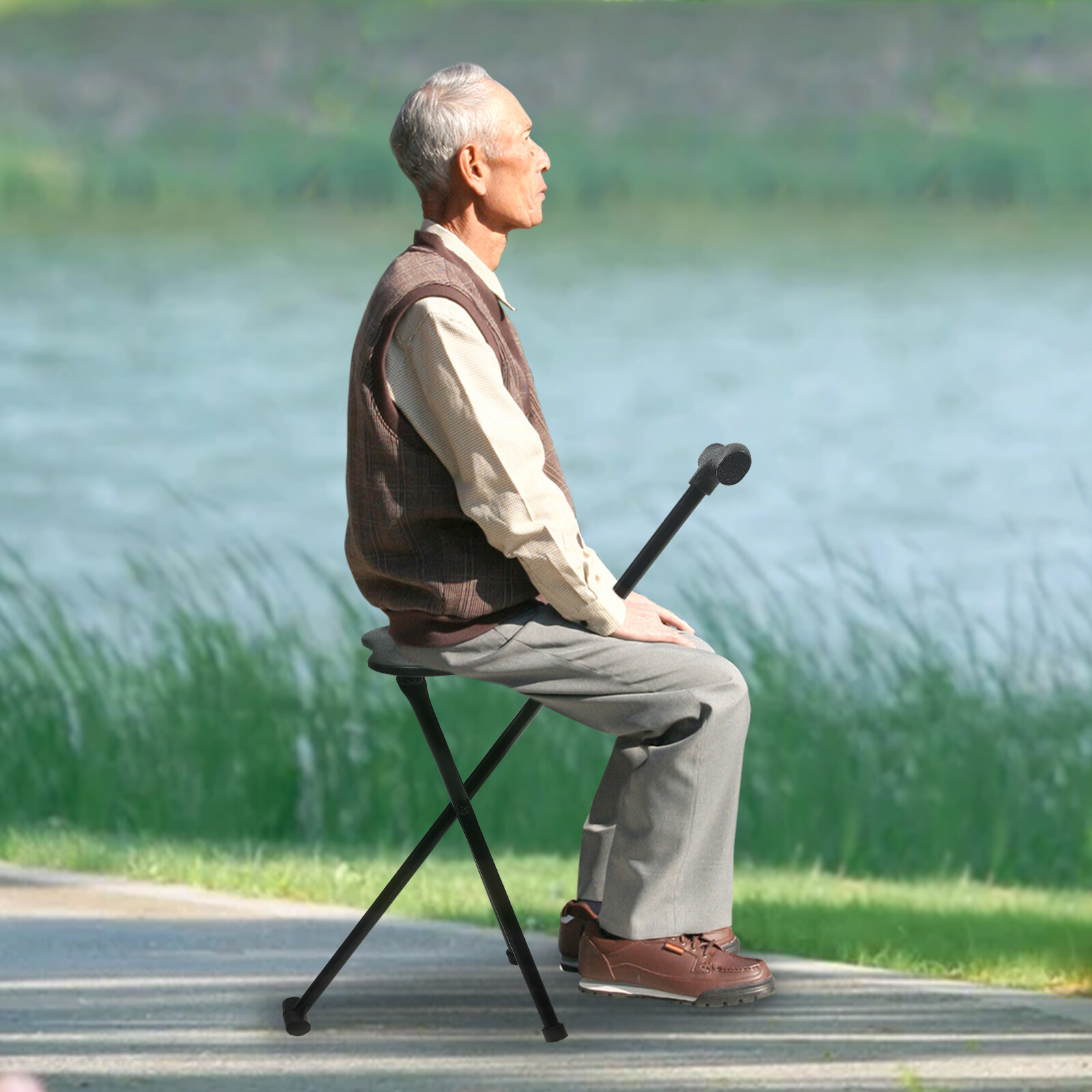 Walking Stick with Seat Folding 2in1 Chair Cane Portable Elders Travel Cane USA