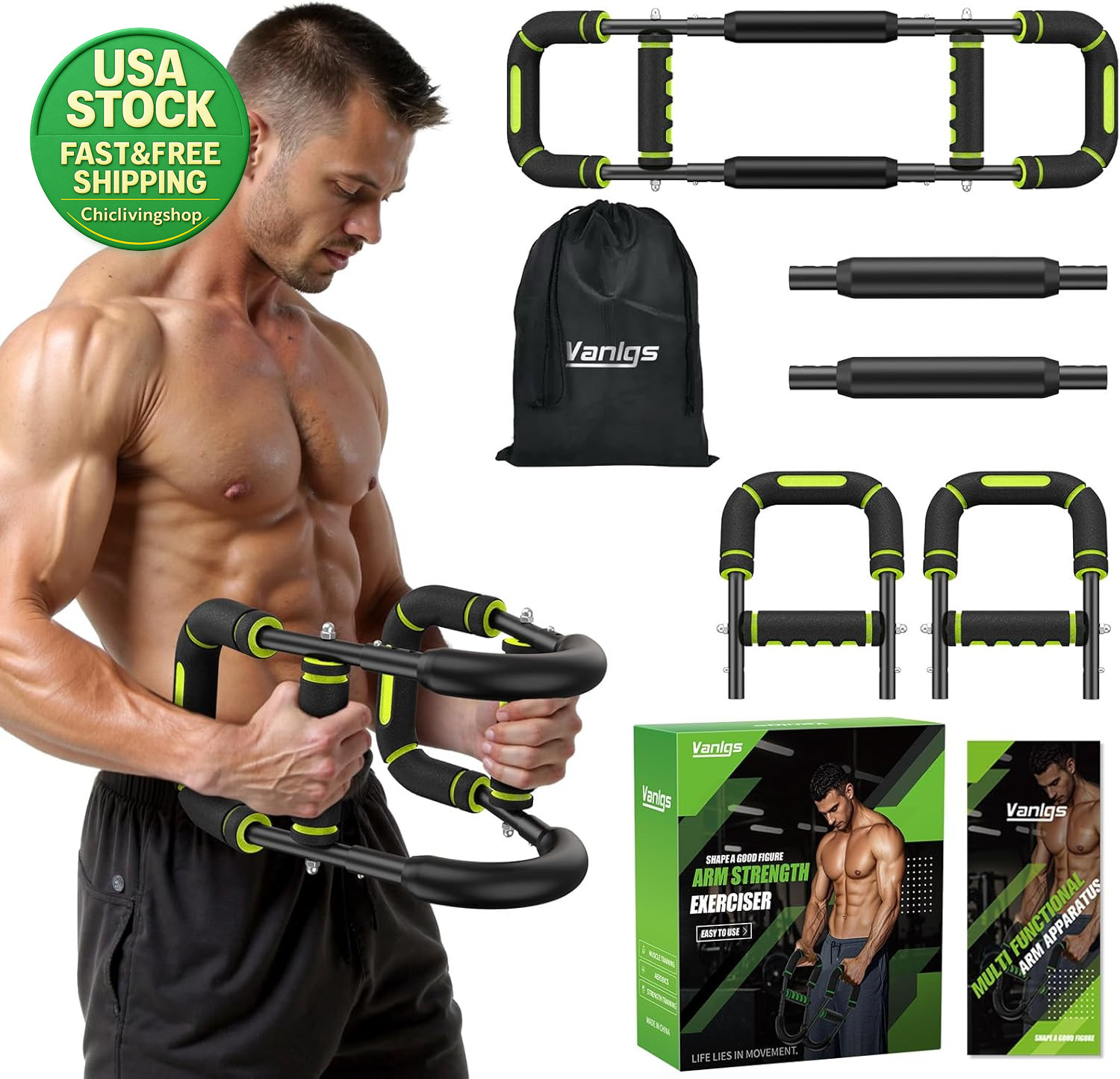 Adjustable Twister Arm Trainer Chest Workout 130Lb Home Gym Fitness Green Bar