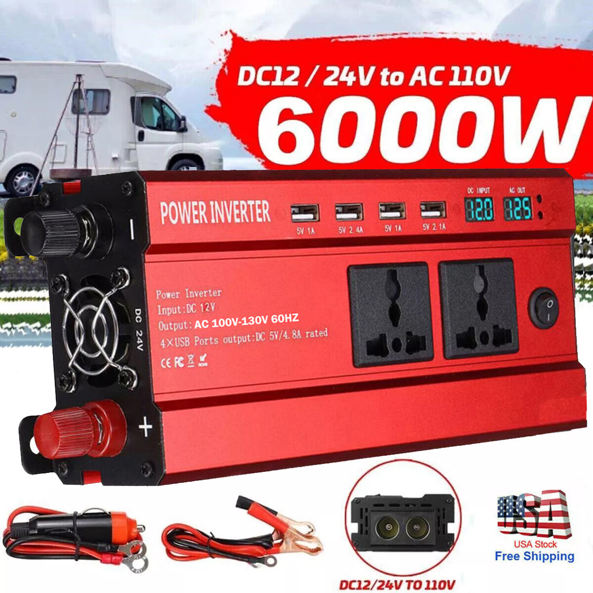 6000W LCD Car Power Inverter DC 12V To AC 110V Pure Sine Wave Solar Converter