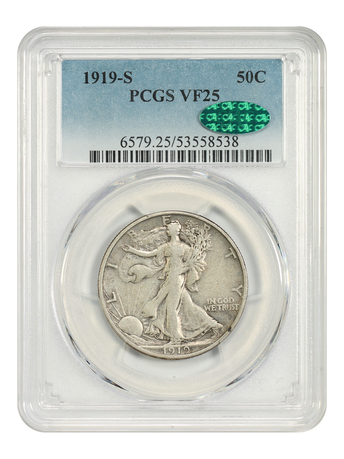 1919-S 50C PCGS/CAC VF25 - Walking Liberty Half Dollar - Scarce, Early Walker