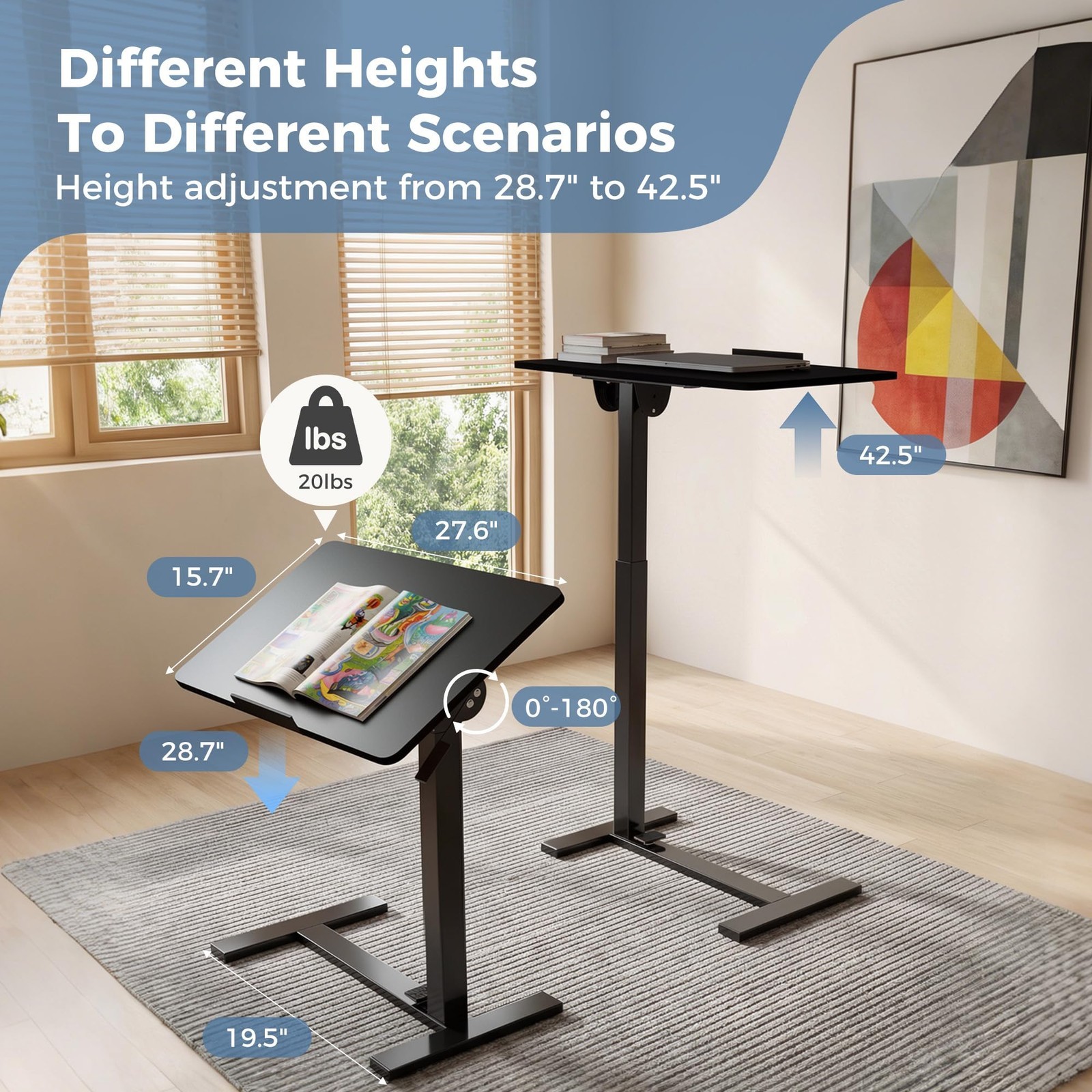 Foldable Mobile Standing Desk Rolling Laptop Desk with 180° Tiltable Tabletop