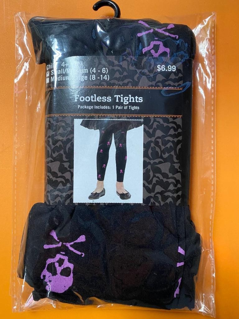 Child Youth Kids HALLOWEEN Footless Tights Black w/ Skulls Sm/Med 4-6