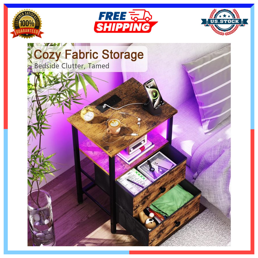 Small Bedside Table with USB Ports & Outlets, 2 Drawer Nightstand Brown