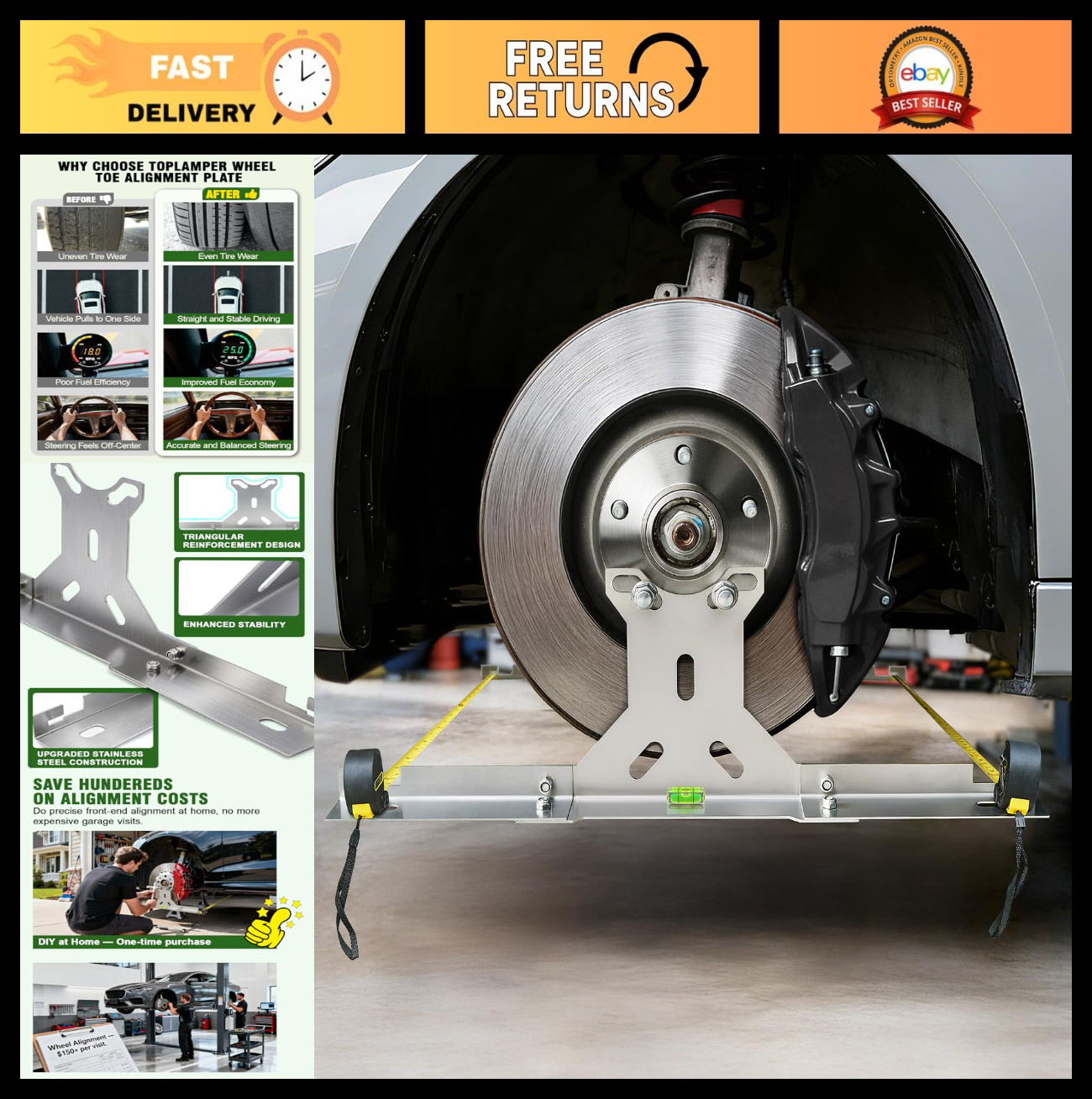 DIY Wheel Toe Alignment Tool Kit - Stainless Steel Plates & Dual Tape Measures f