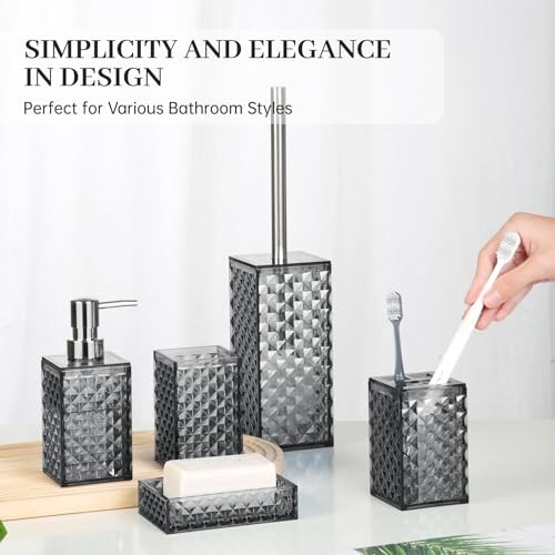 Bathroom Accessory Set, Grid Pattern 5 Pcs Plastic Bathroom Set 5 Pack Grey