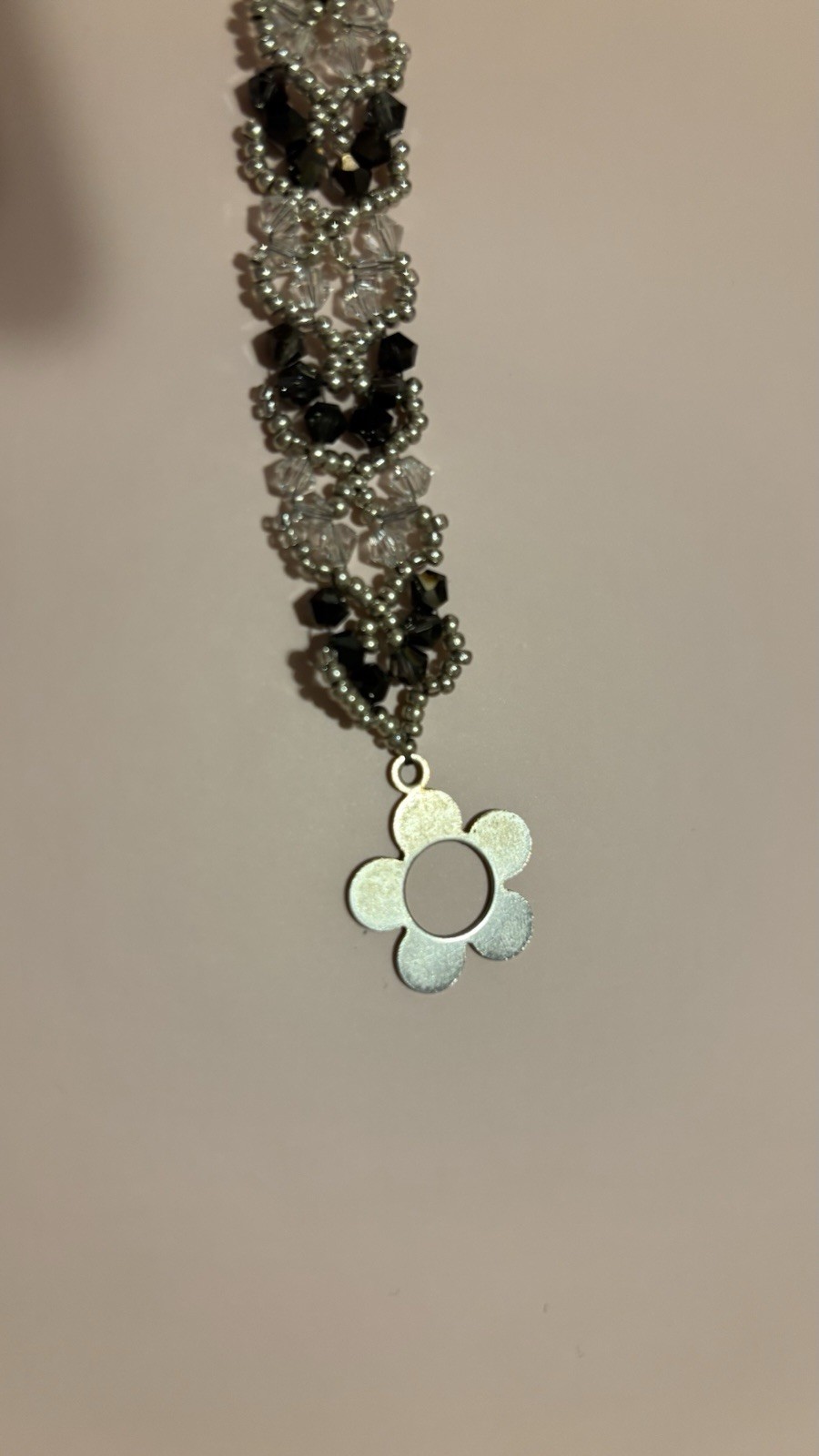Beaded Bracelet with Black Clear Silver Flower Dangle Charm Toggle Closure