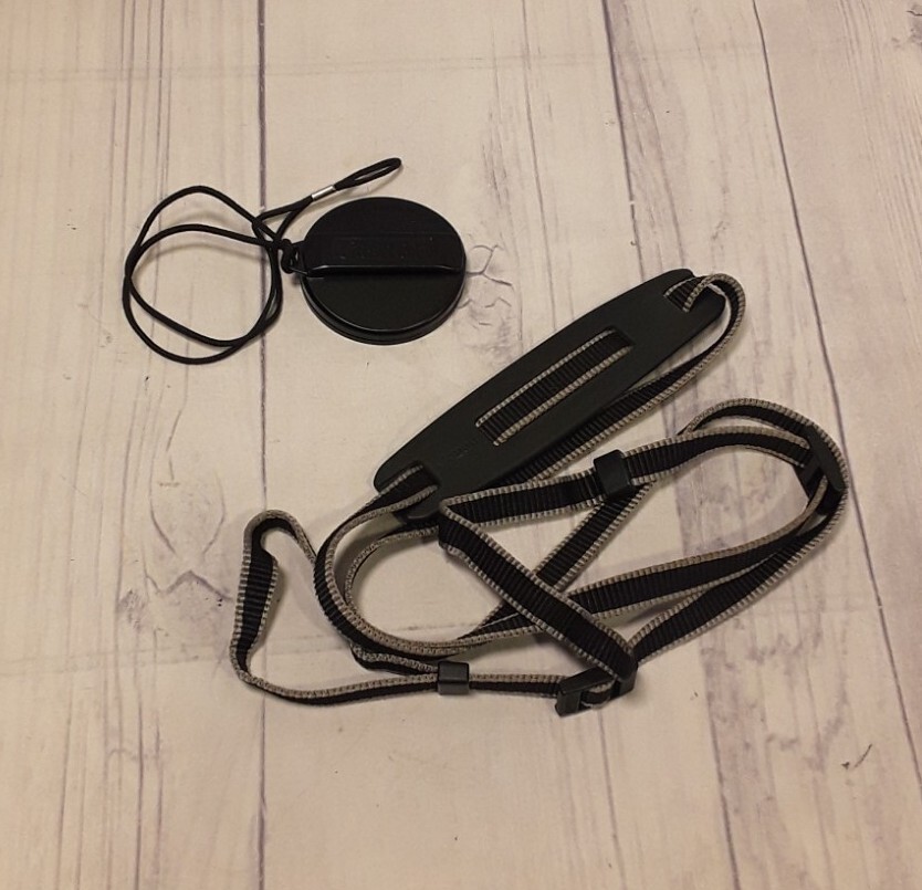 Canon E57 video camera Lens Cap 49mm & Shoulder Strap
