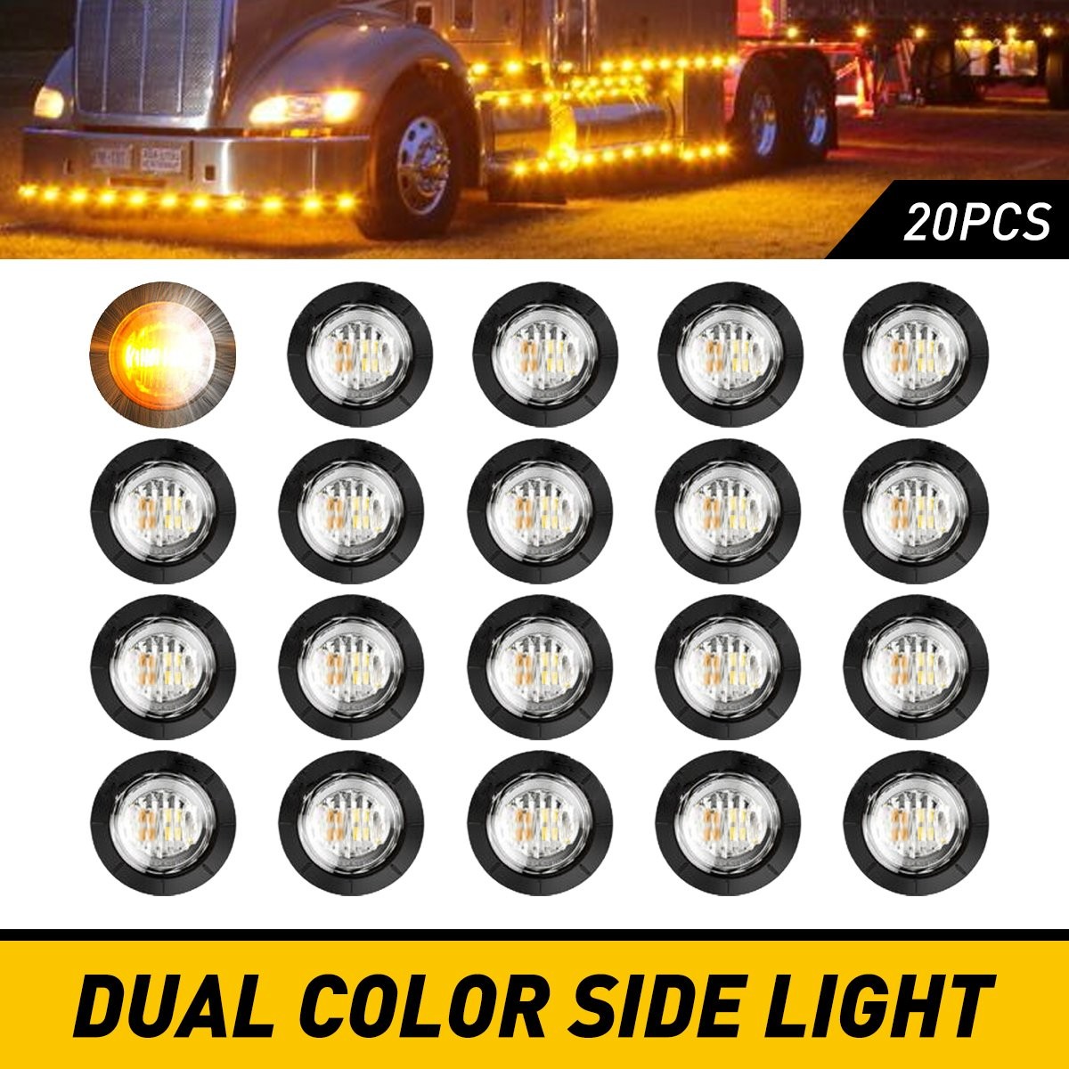 20X 3/4" Amber White Small Round Side Marker lights Button LED Mini lamps 12V US