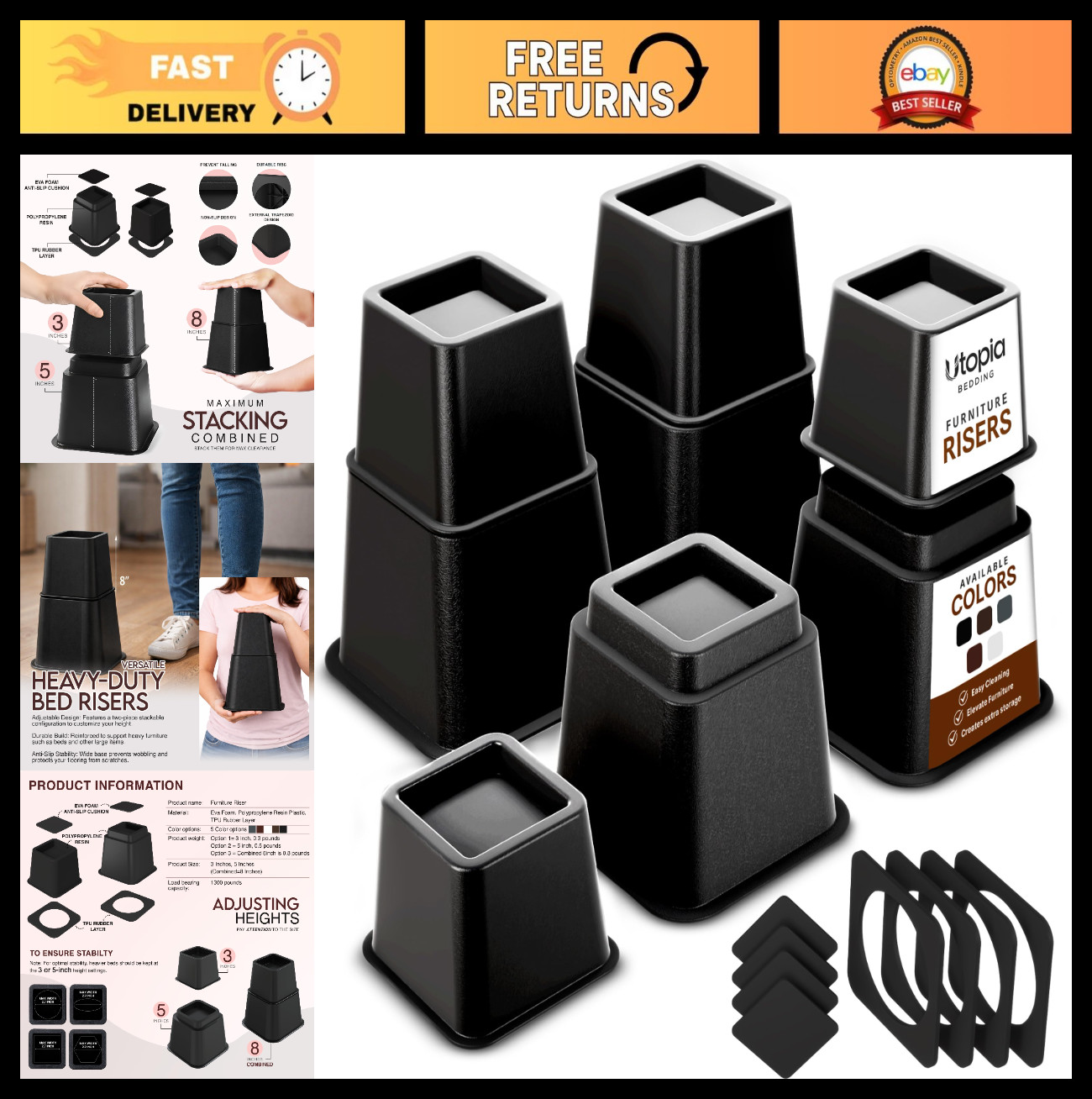 Adjustable Bed Risers 3 & 5 Inch, 1300 lbs Capacity, 4 Pack - Black Height Boost
