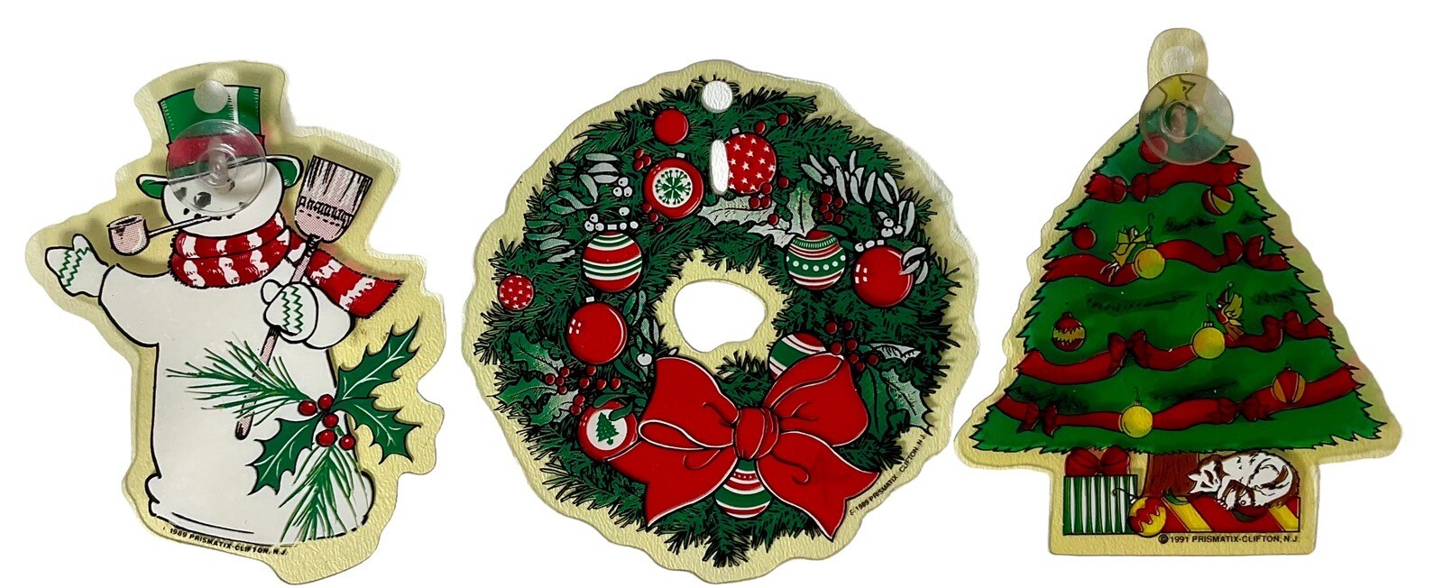 Vintage 1989 Prismatix Sun Catchers Plastic, Christmas Tree Wreath Snowman