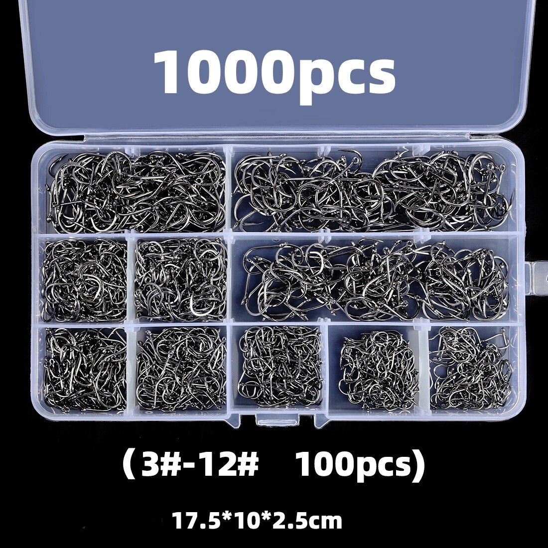 DreamAeler 100/1000pc Fish Hooks 10size Fishing Black Silver Sharpened With Box