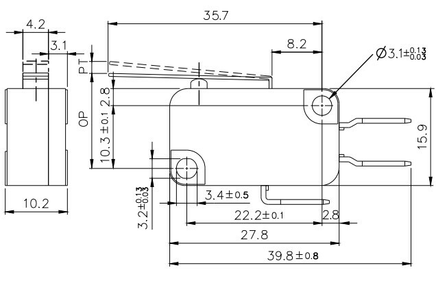 Micro Switch (Tend) TMV101-C; 10A Long Lever Type; (1C bottom terminal #250)