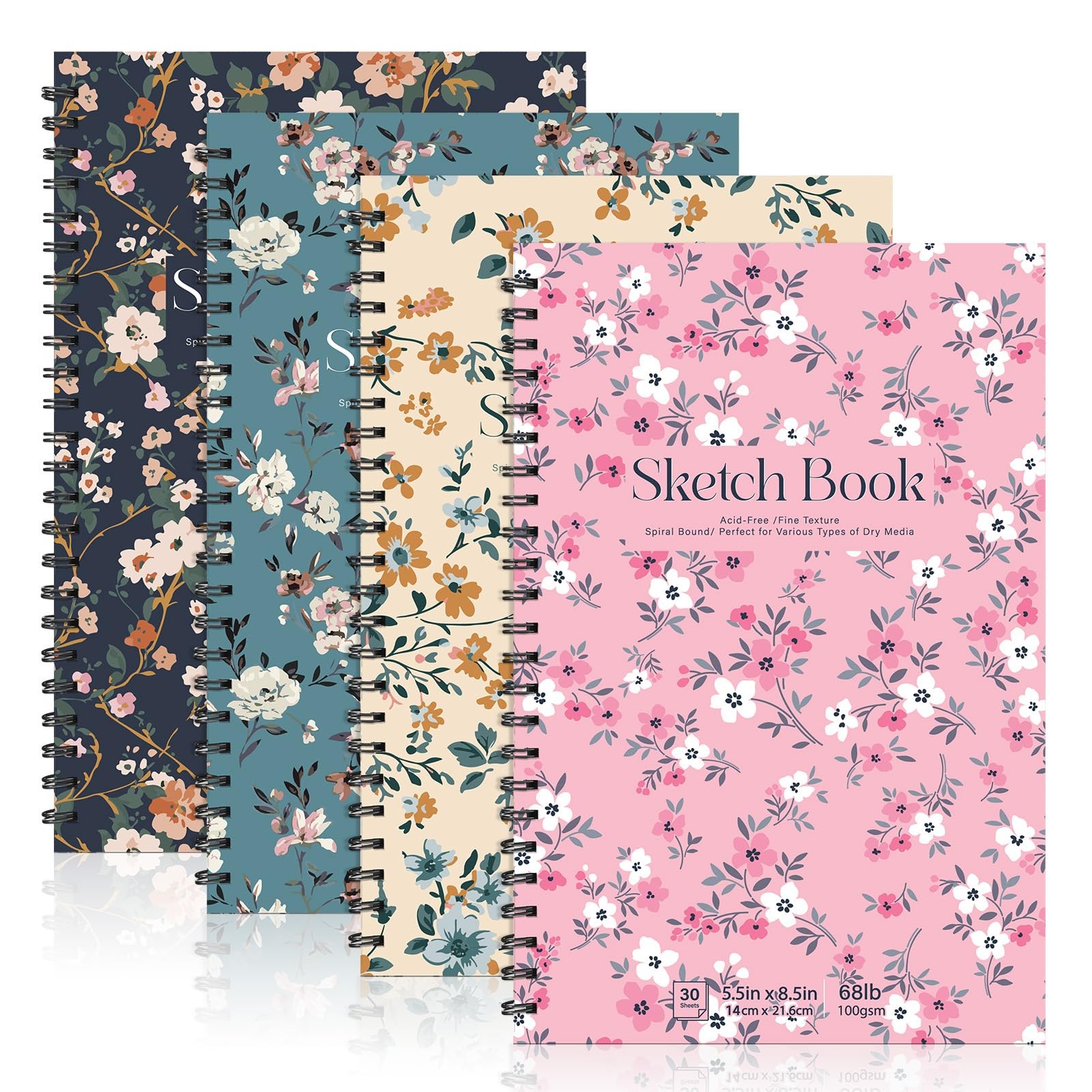 4 Pack Sketch Book, 5.5 × 8.5 in, Top Spiral, 30 Sheets, Acid Free