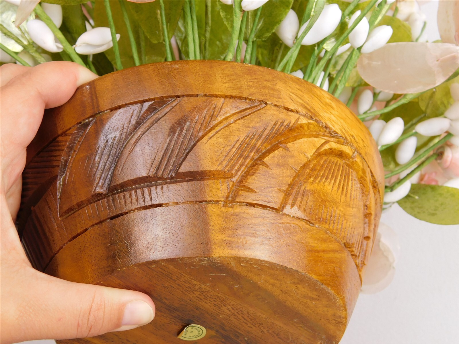 Vintage Capiz Shell Pink Accent Flower Bouquet in Wood Planter HAWAII