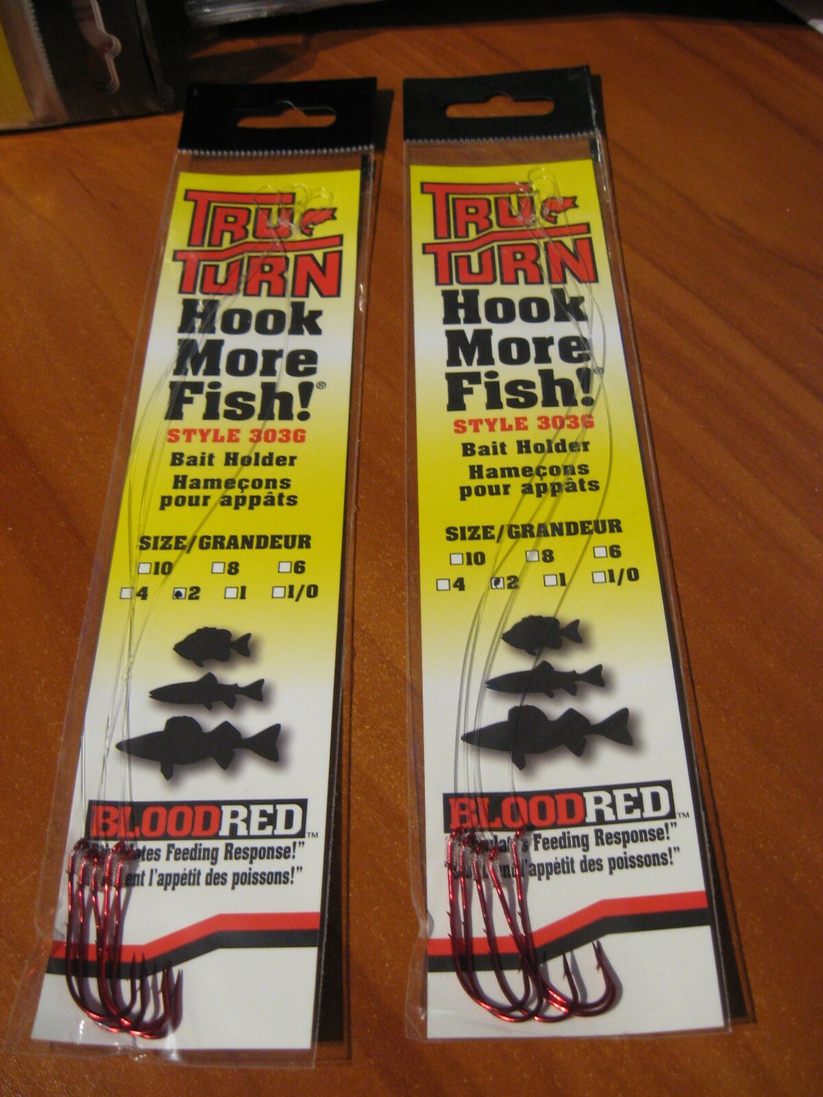 2 Packs Snelled Tru-Turn 303G Blood Red Bait Holder Fishing Hooks Size 2