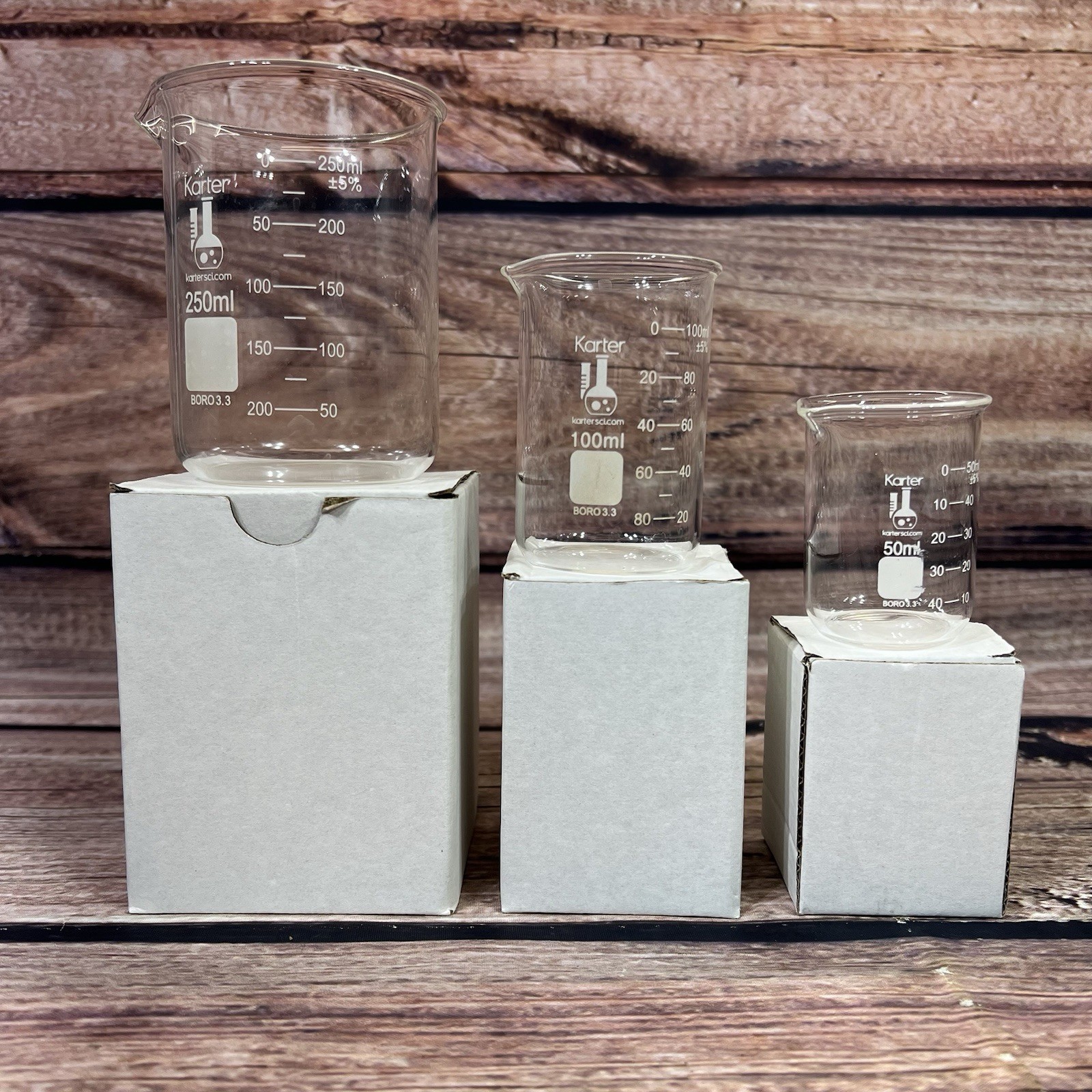 Set 3 Karter Chemistry Beakers 250ml, 100ml, 50ml. Glass