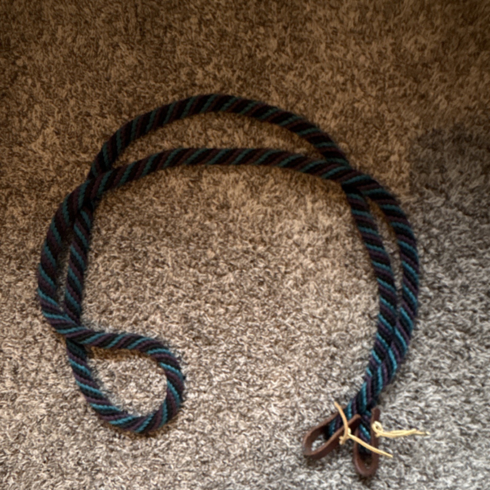 Weaver Blue, Black, Purple Nylon Roping barrel  Reins with Leather Ends