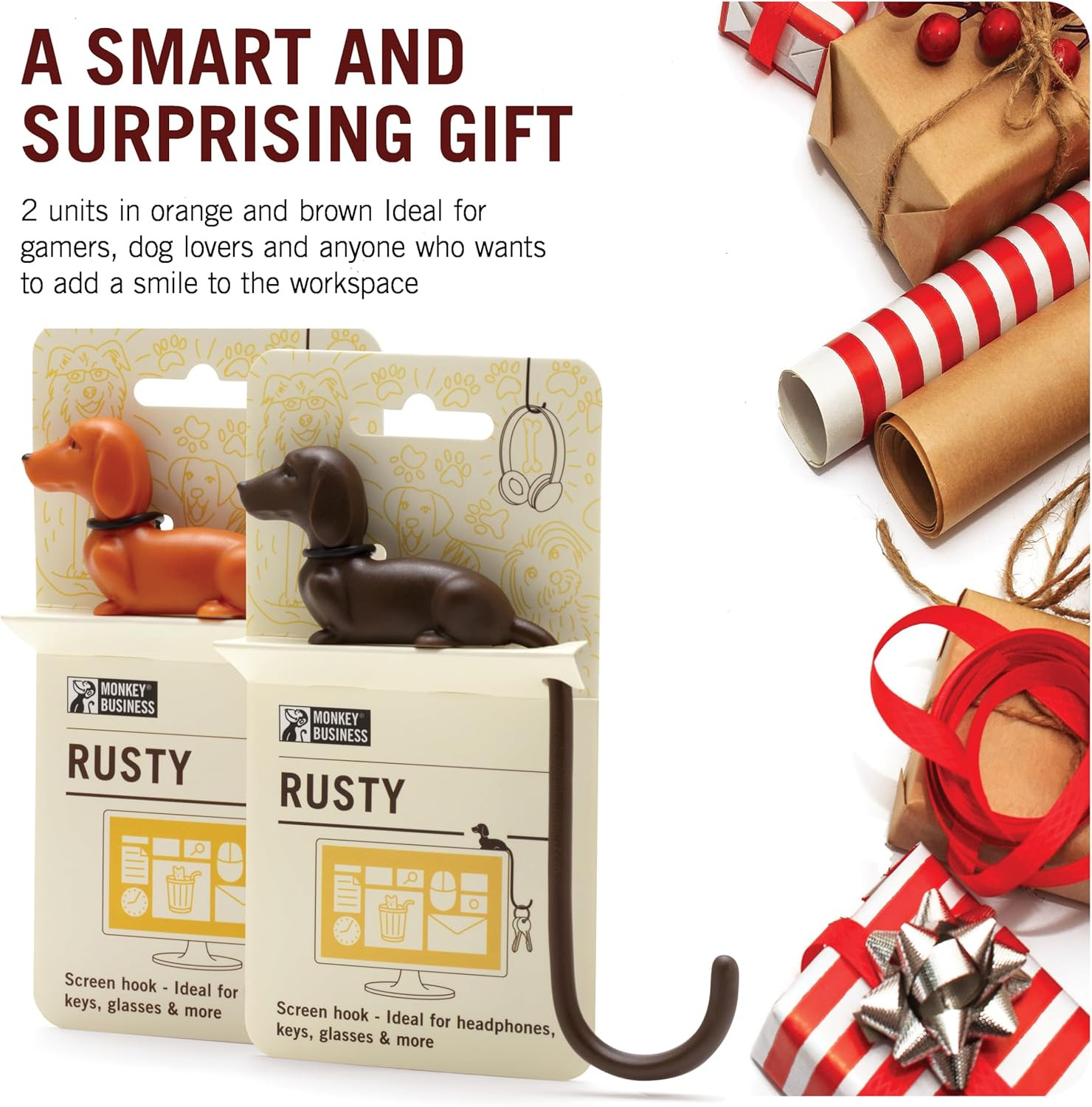 Rusty the Dog Tail Hook for Computer Screen, Desk Headphone Hanger Organizer Dec